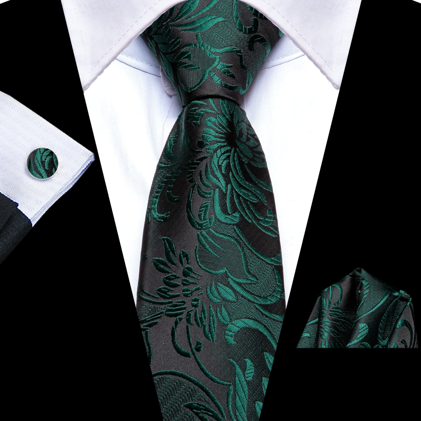  Dark Green Zipper Ties Black Floral Men's Easy to Wear Tie Set