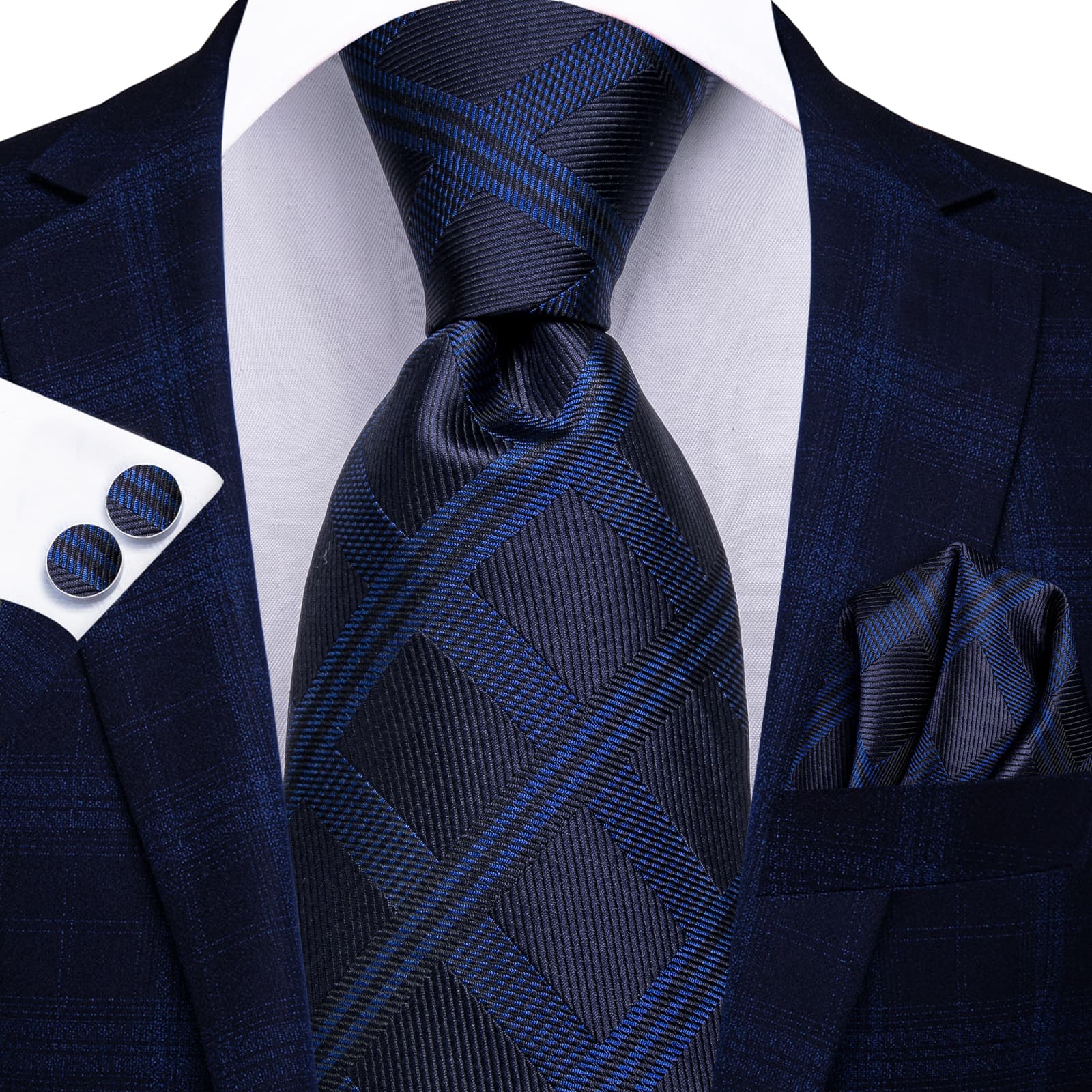 navy blue tie Midnight Blue Tie Blue Stripes Checkered Necktie Set for Men