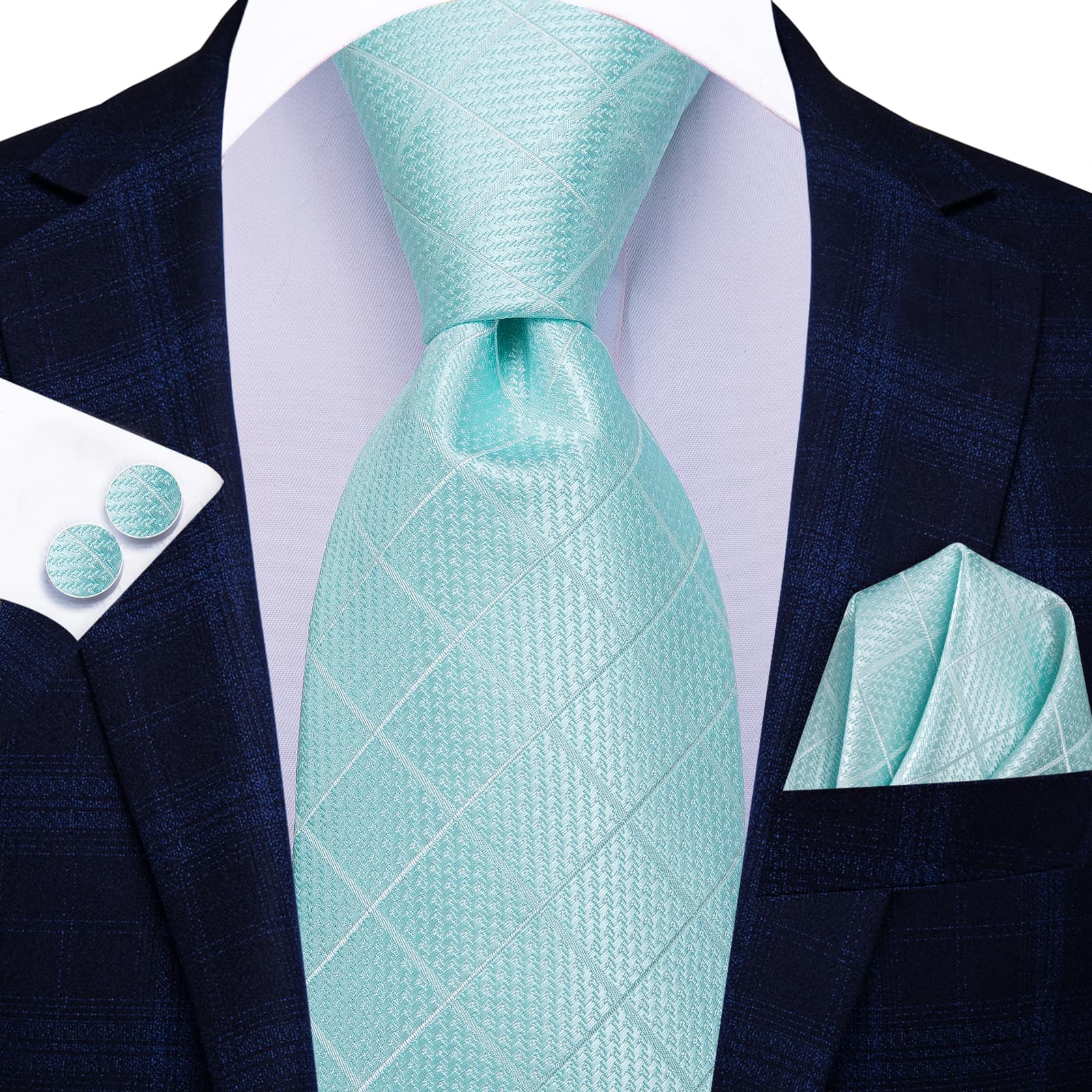  Pale Turquoise Blue Tie Checkered Necktie Hanky Cufflinks Set Navy Blue Suit 