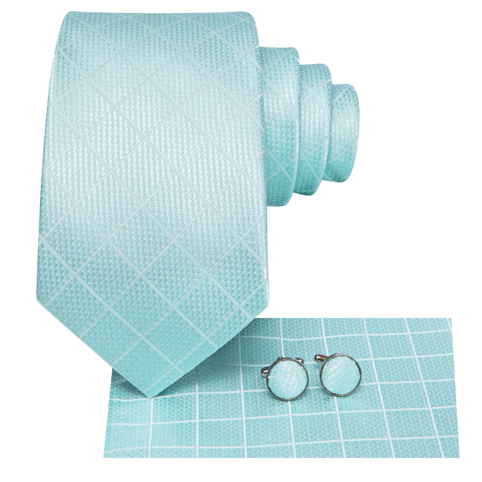  Pale Turquoise Blue Tie Checkered Necktie Hanky Cufflinks Set