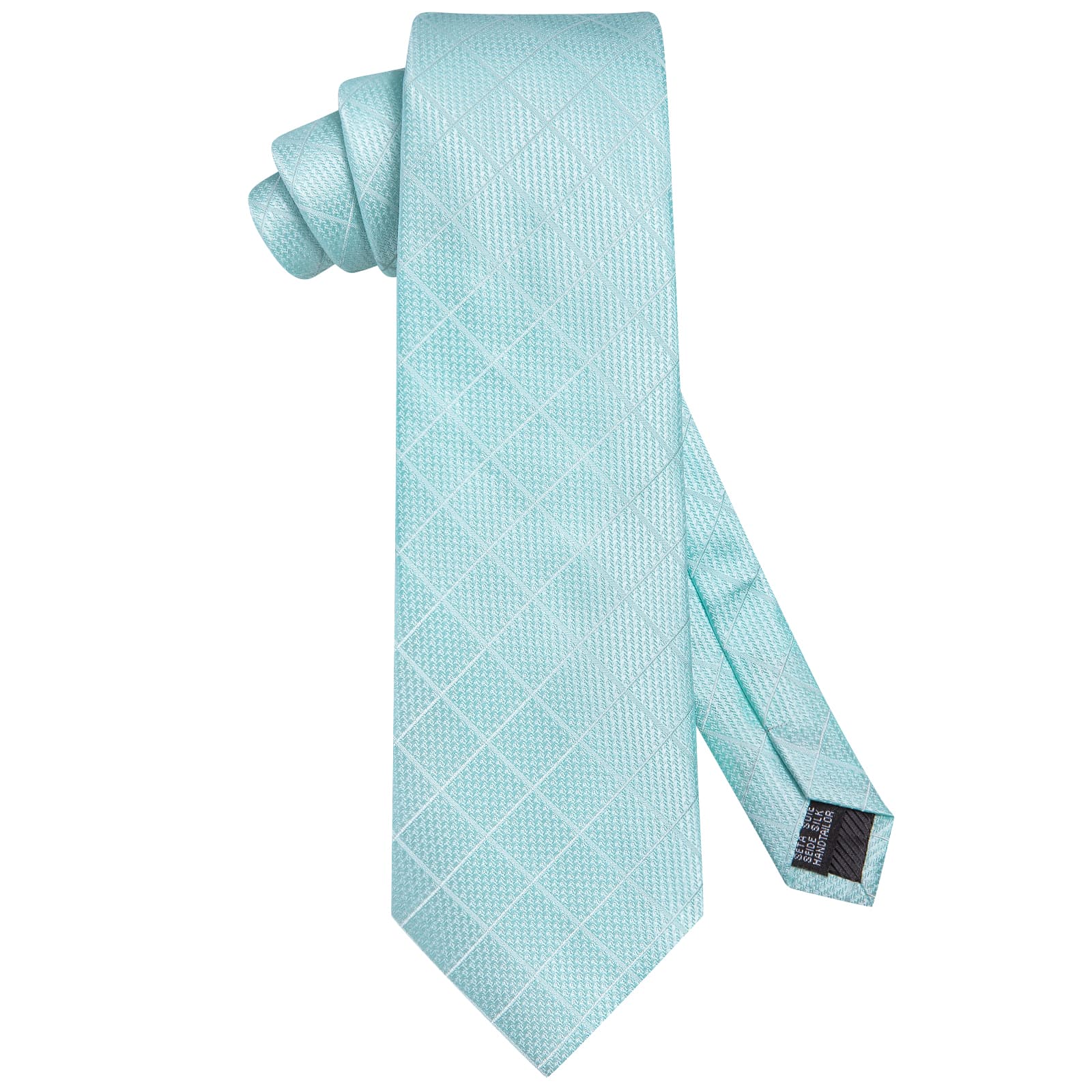  Pale Turquoise Blue Tie Checkered Necktie Hanky Cufflinks Set