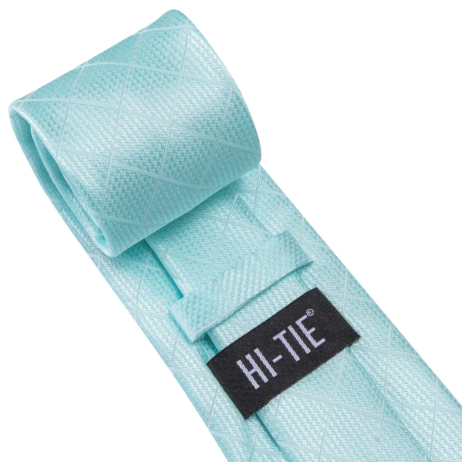  Pale Turquoise Blue Tie Checkered Necktie Hanky Cufflinks Set