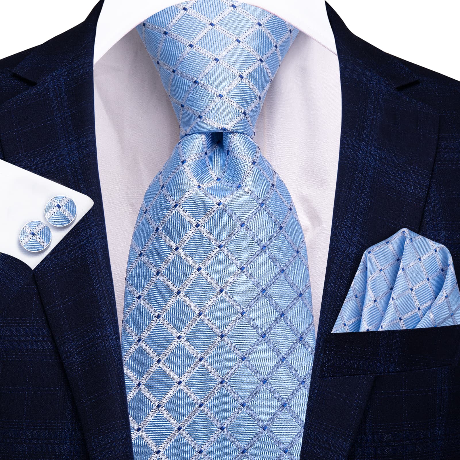  Light Blue Tie Checkered Blue Dots Necktie Hanky Cufflinks Set Dark Blue Plaid  Suit