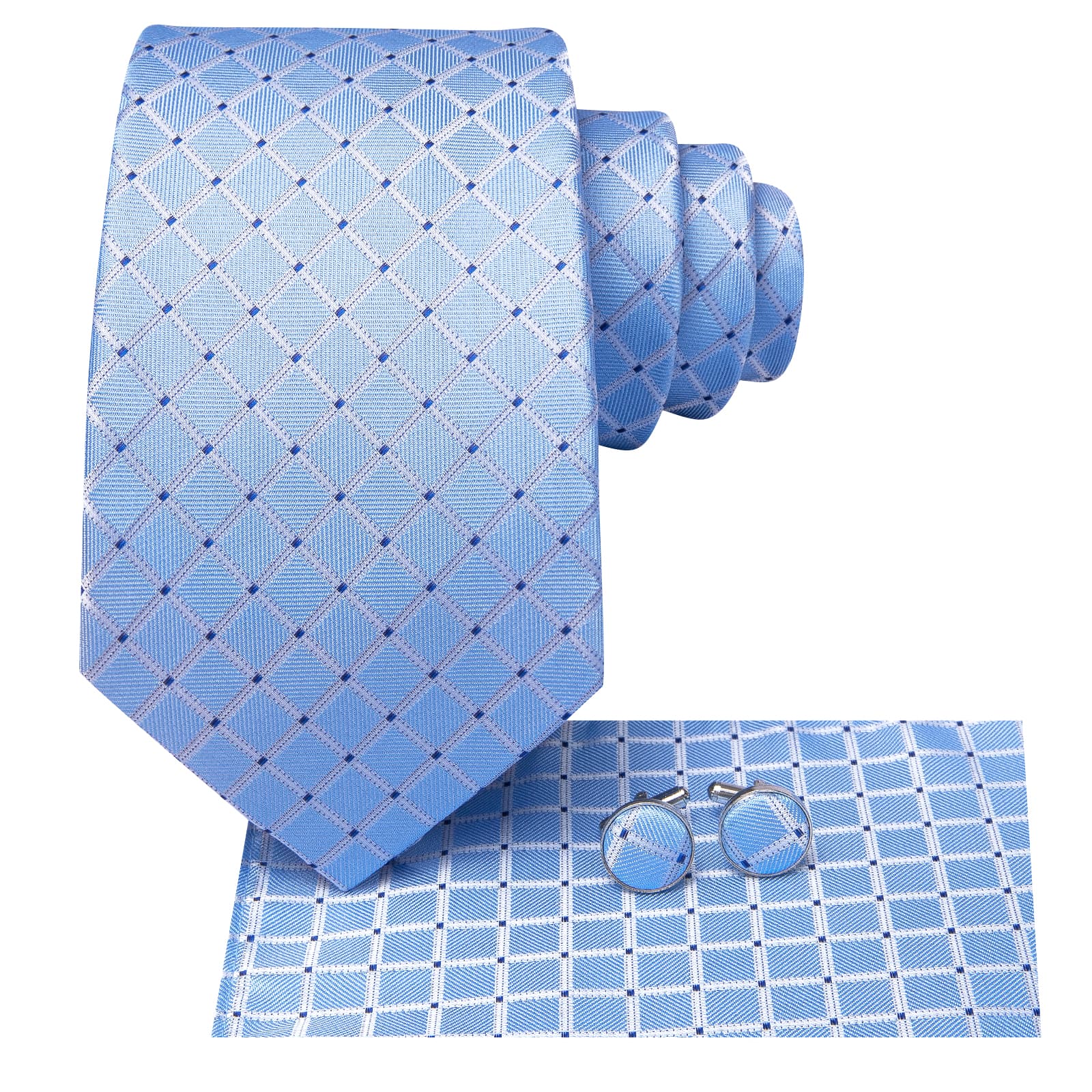  Light Blue Tie Checkered Blue Dots Necktie Hanky Cufflinks Set