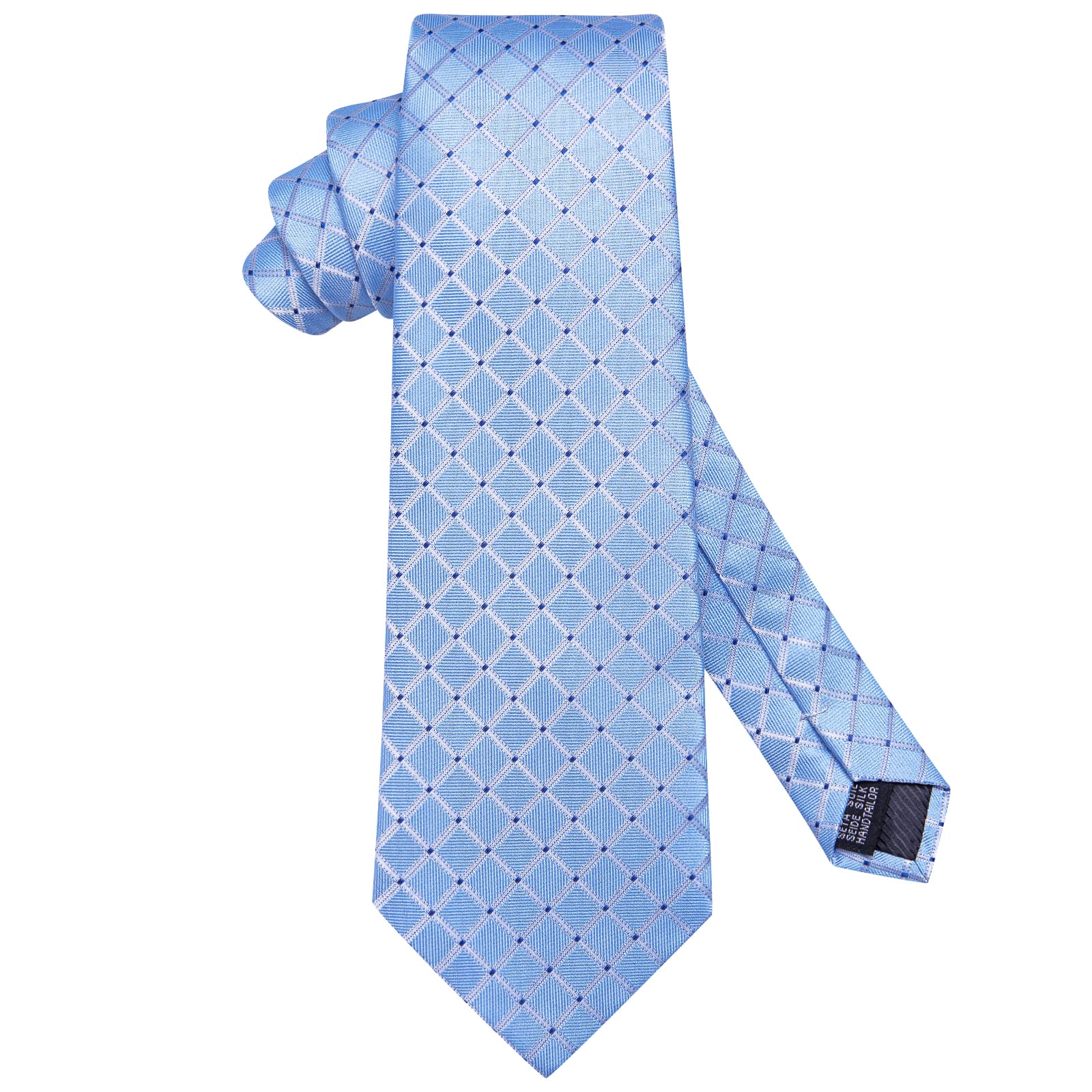  Light Blue Tie Checkered Blue Dots Necktie Hanky Cufflinks Set