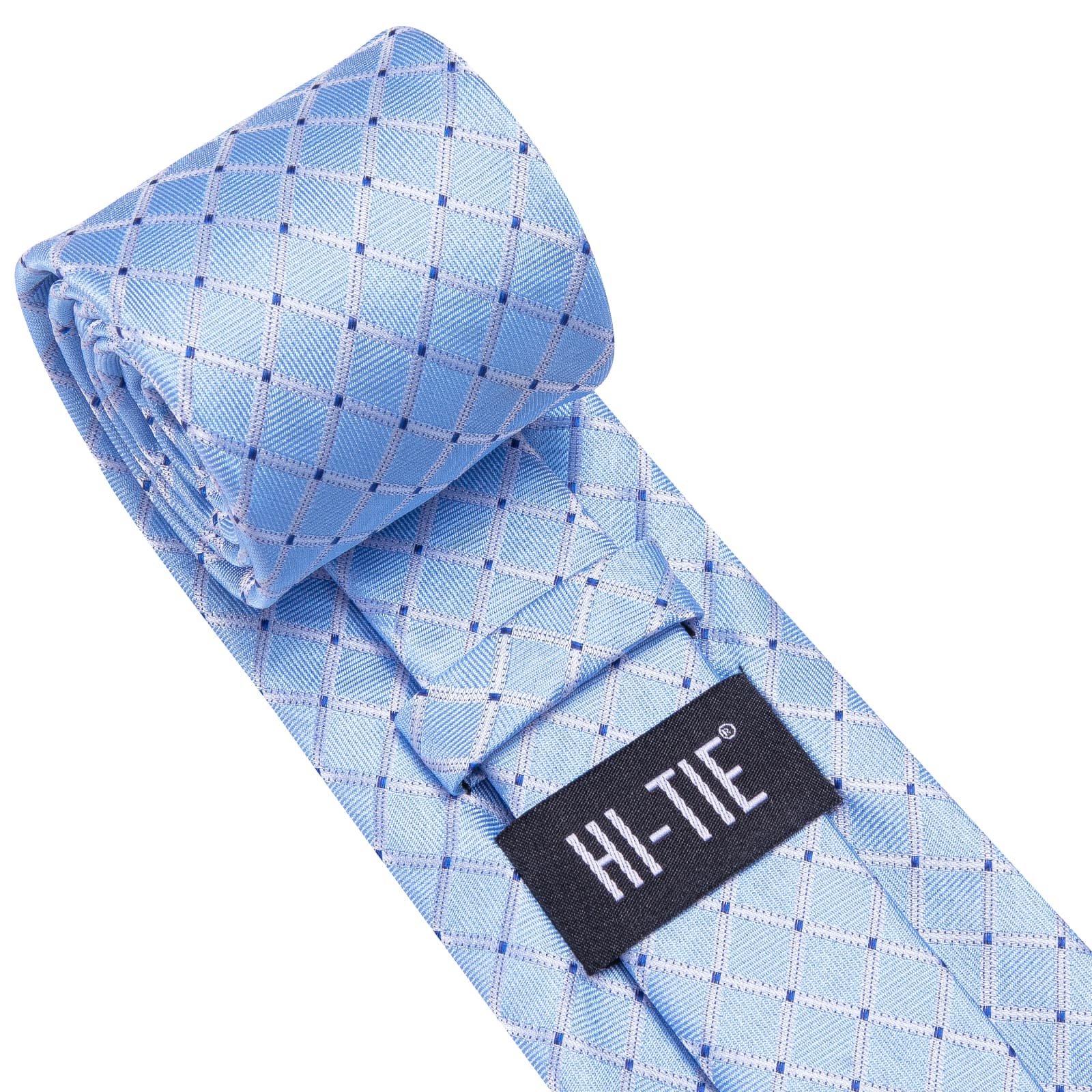  Light Blue Tie Checkered Blue Dots Necktie Hanky Cufflinks Set