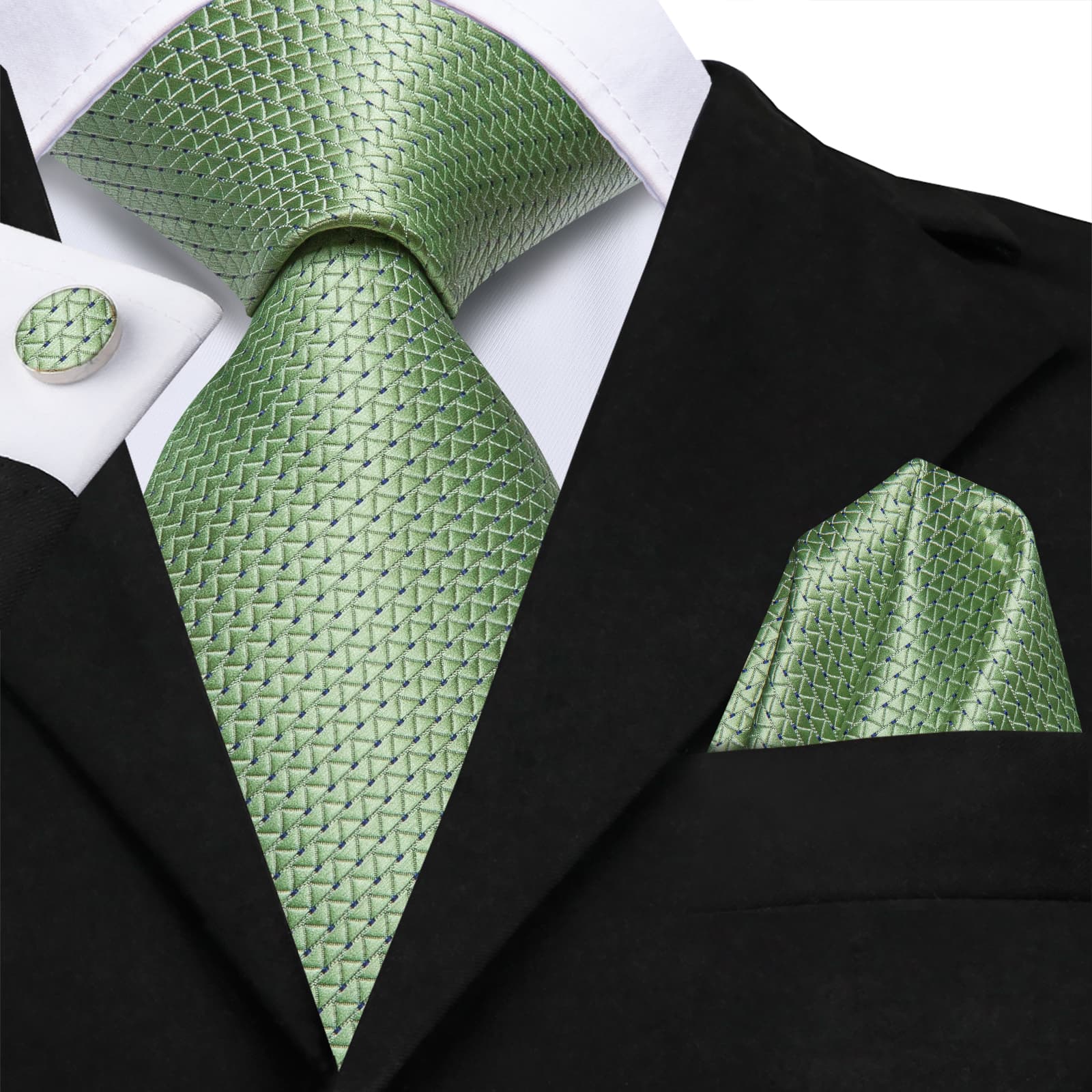 Light Green Necktie Asparagus Geometric Tie Hanky Cufflinks Set