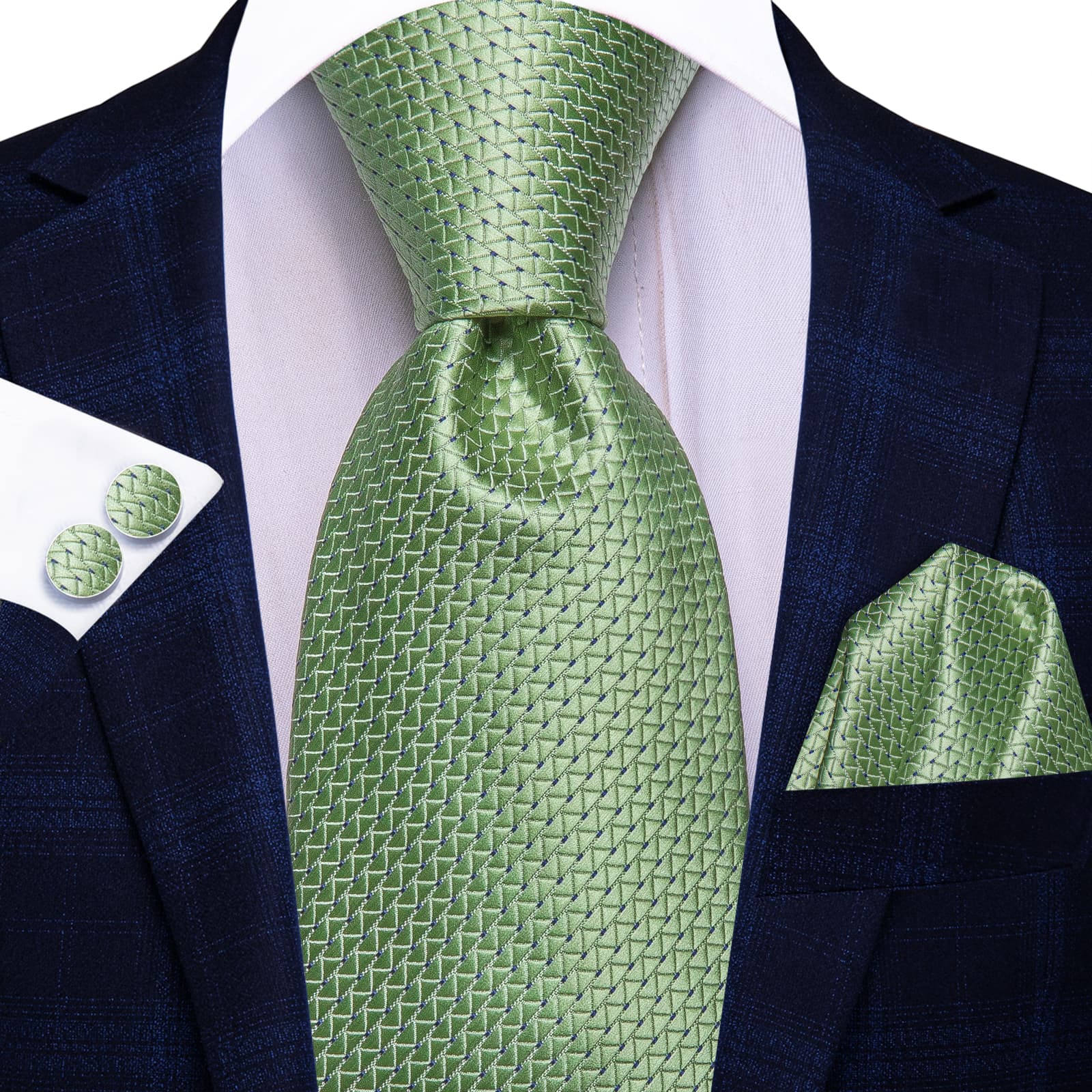 Light Green Necktie Asparagus Geometric Tie Hanky Cufflinks Set