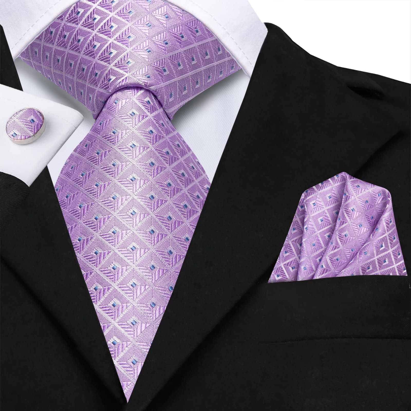 Light Purple Tie Checkered Men's Necktie Hanky Cufflinks Set