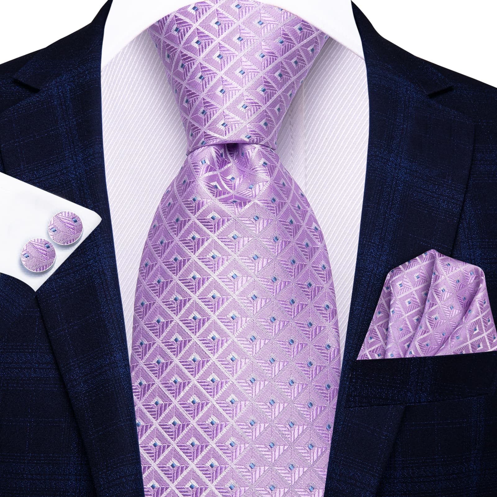 Light Purple Tie Checkered Men's Necktie Hanky Cufflinks Set