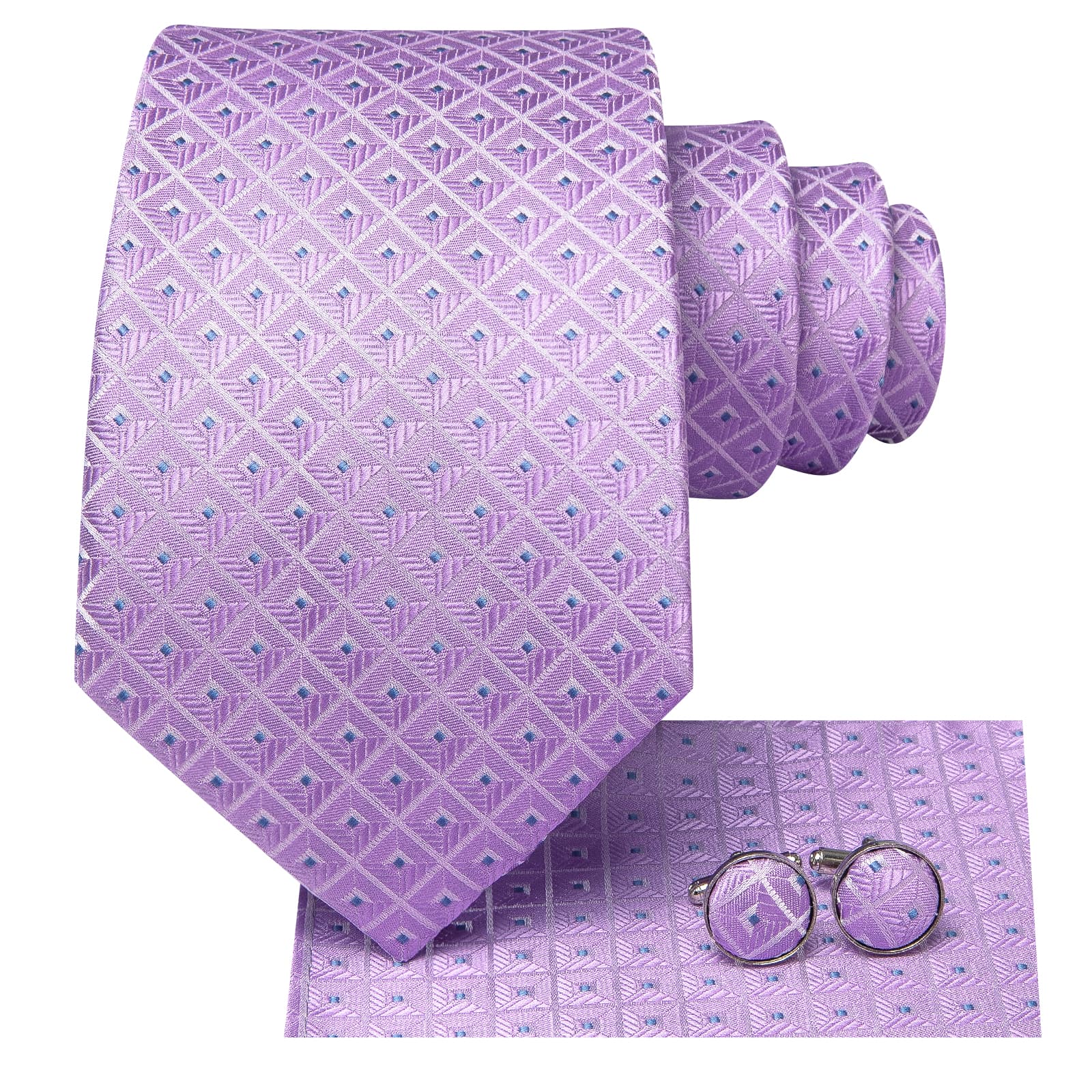 Light Purple Tie Checkered Men's Necktie Hanky Cufflinks Set