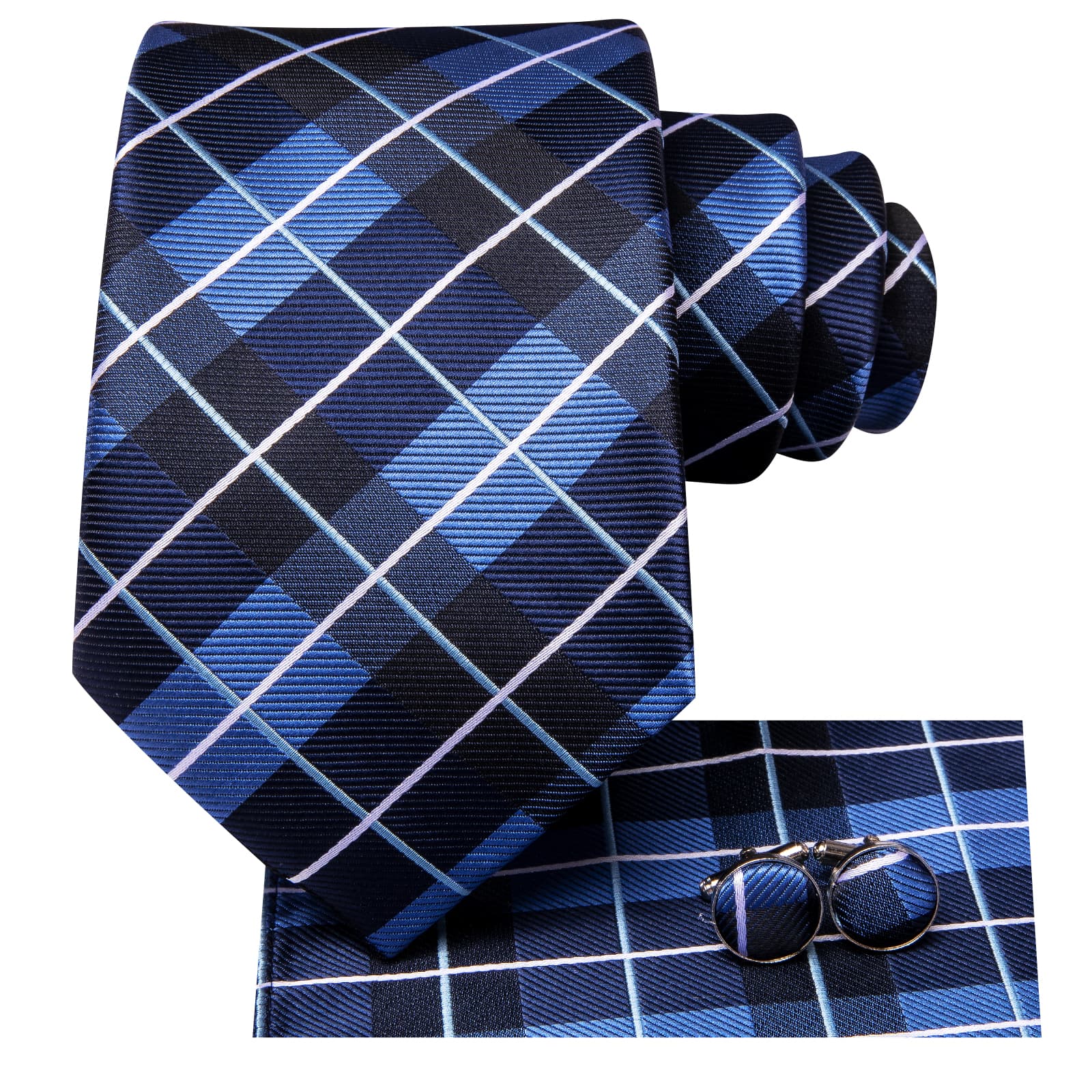 Dark Blue Necktie Checkered Business Tie Hanky Cufflinks Set