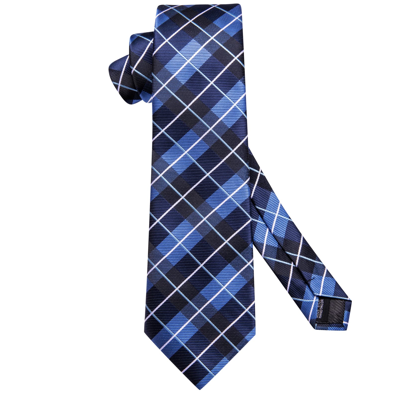 Dark Blue Necktie Checkered Business Tie Hanky Cufflinks Set