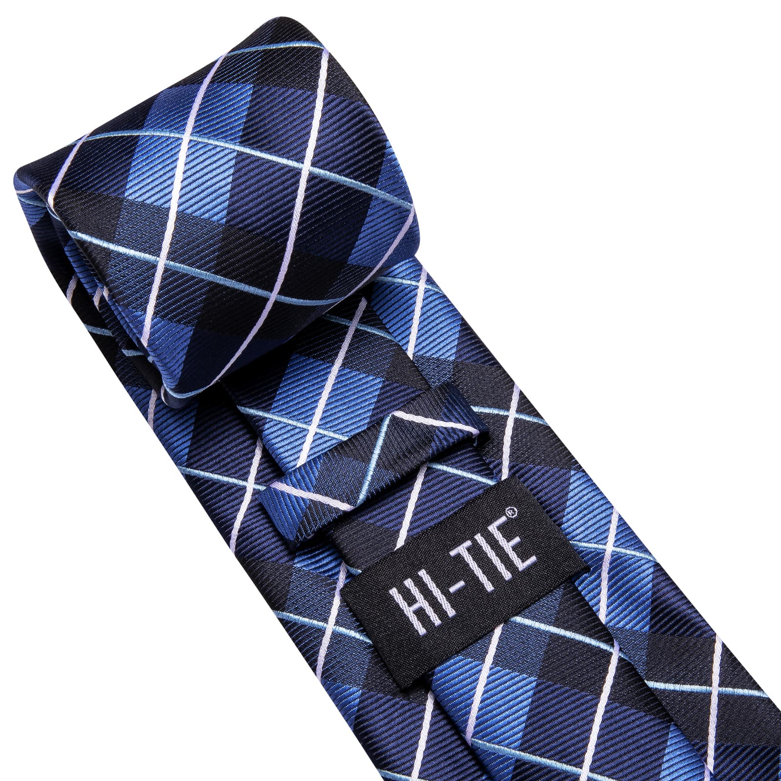 Dark Blue Necktie Checkered Business Tie Hanky Cufflinks Set