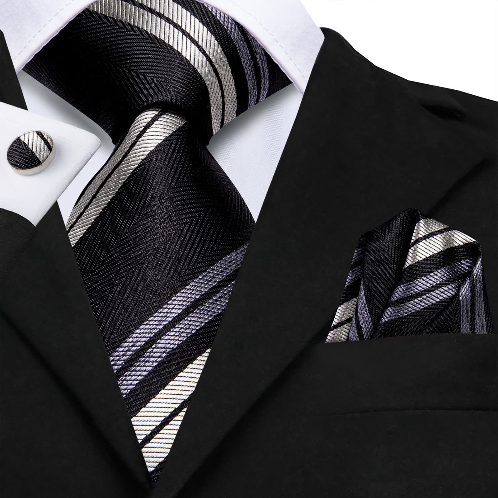 Black Necktie Grey White Striped Wedding Tie Hanky Cufflink Set