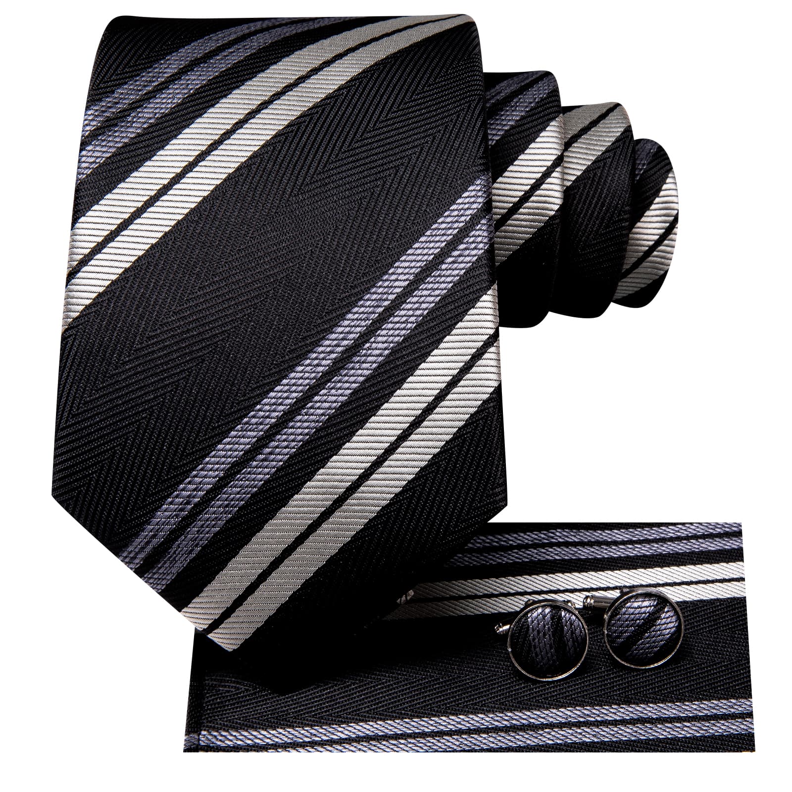 Black Necktie Grey White Striped Wedding Tie Hanky Cufflink Set