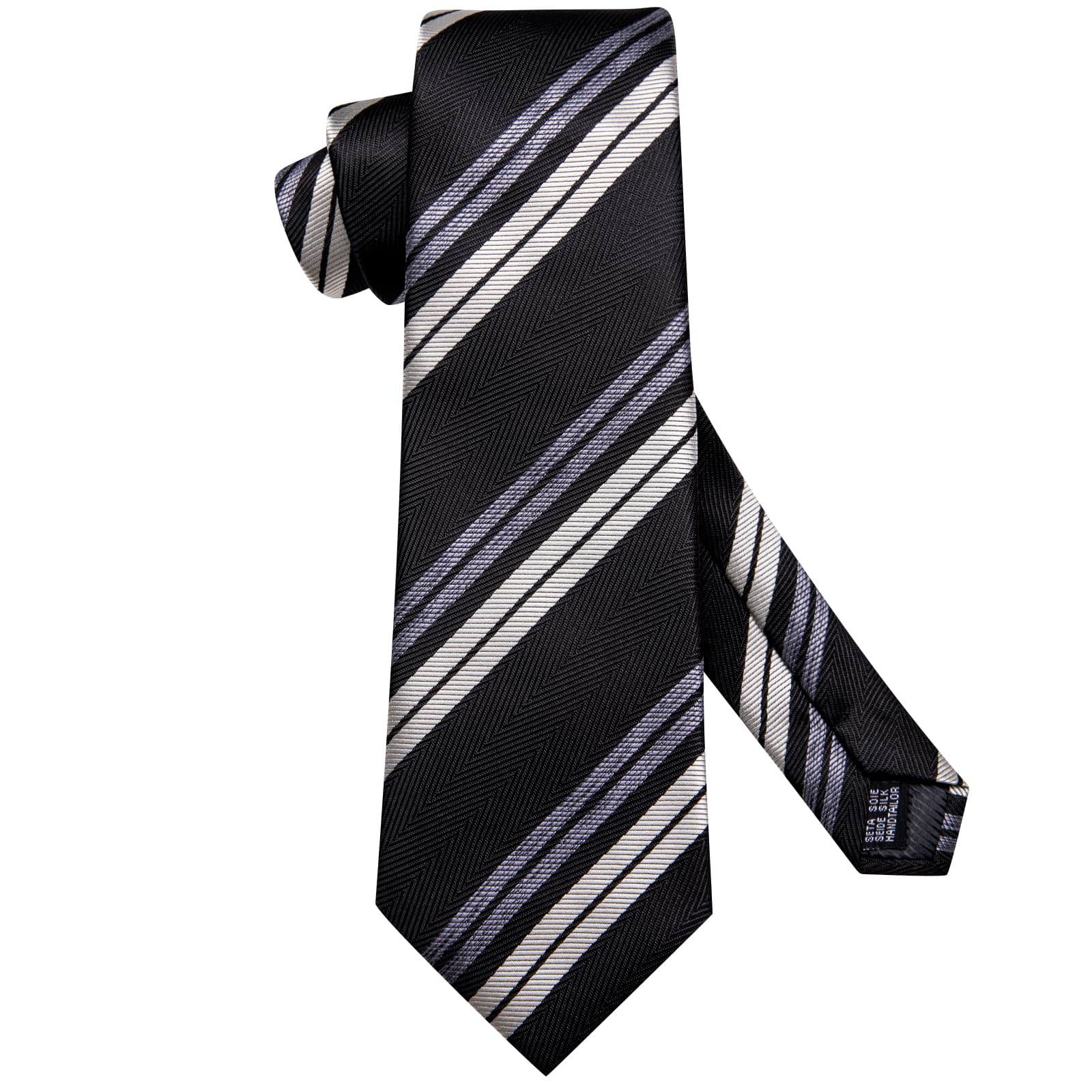 Black Necktie Grey White Striped Wedding Tie Hanky Cufflink Set