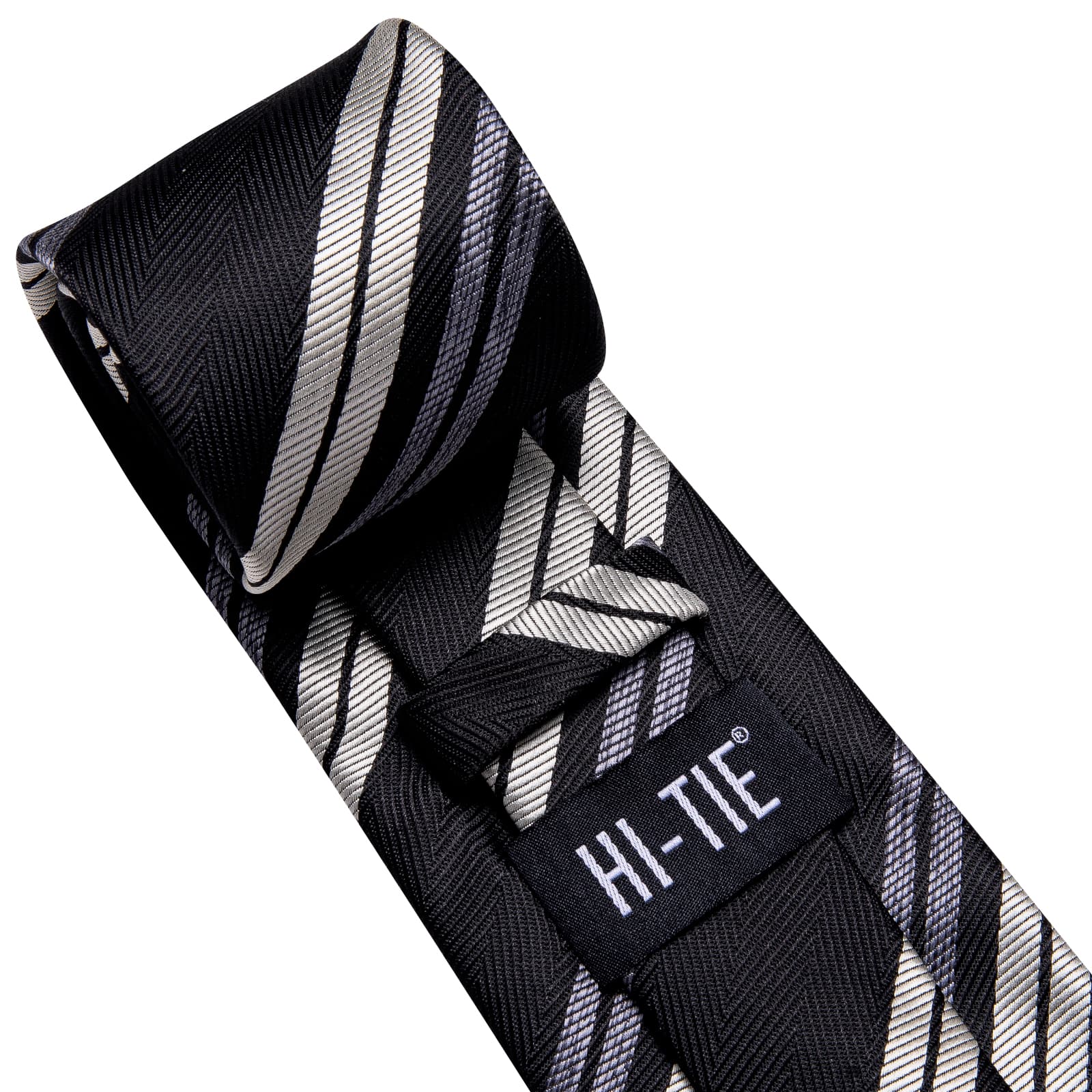 Black Necktie Grey White Striped Wedding Tie Hanky Cufflink Set