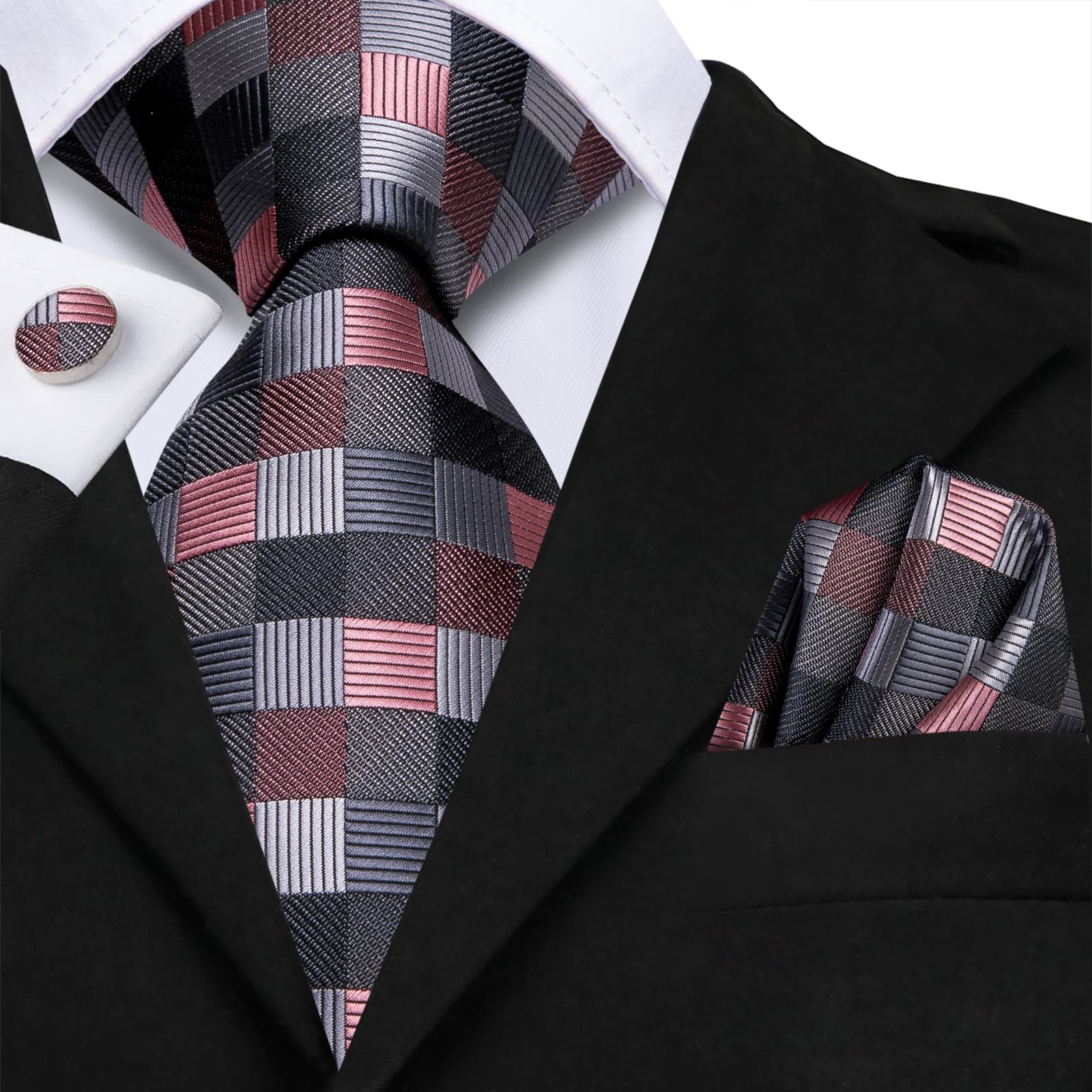 Black Grey Coral Red Plaid Jacquard Geometric Men's Necktie Set