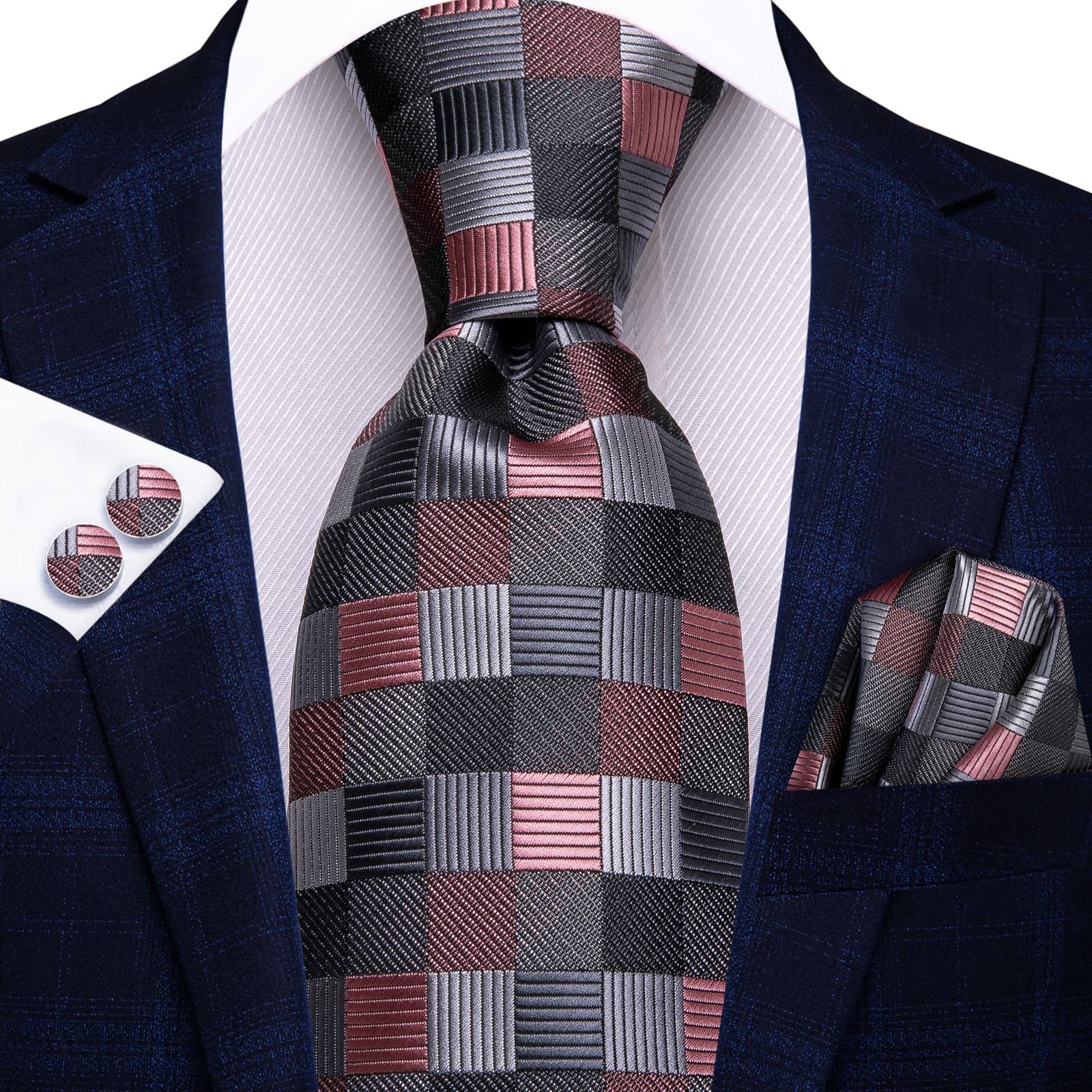 Black Grey Coral Red Plaid Jacquard Geometric Men's Necktie Set