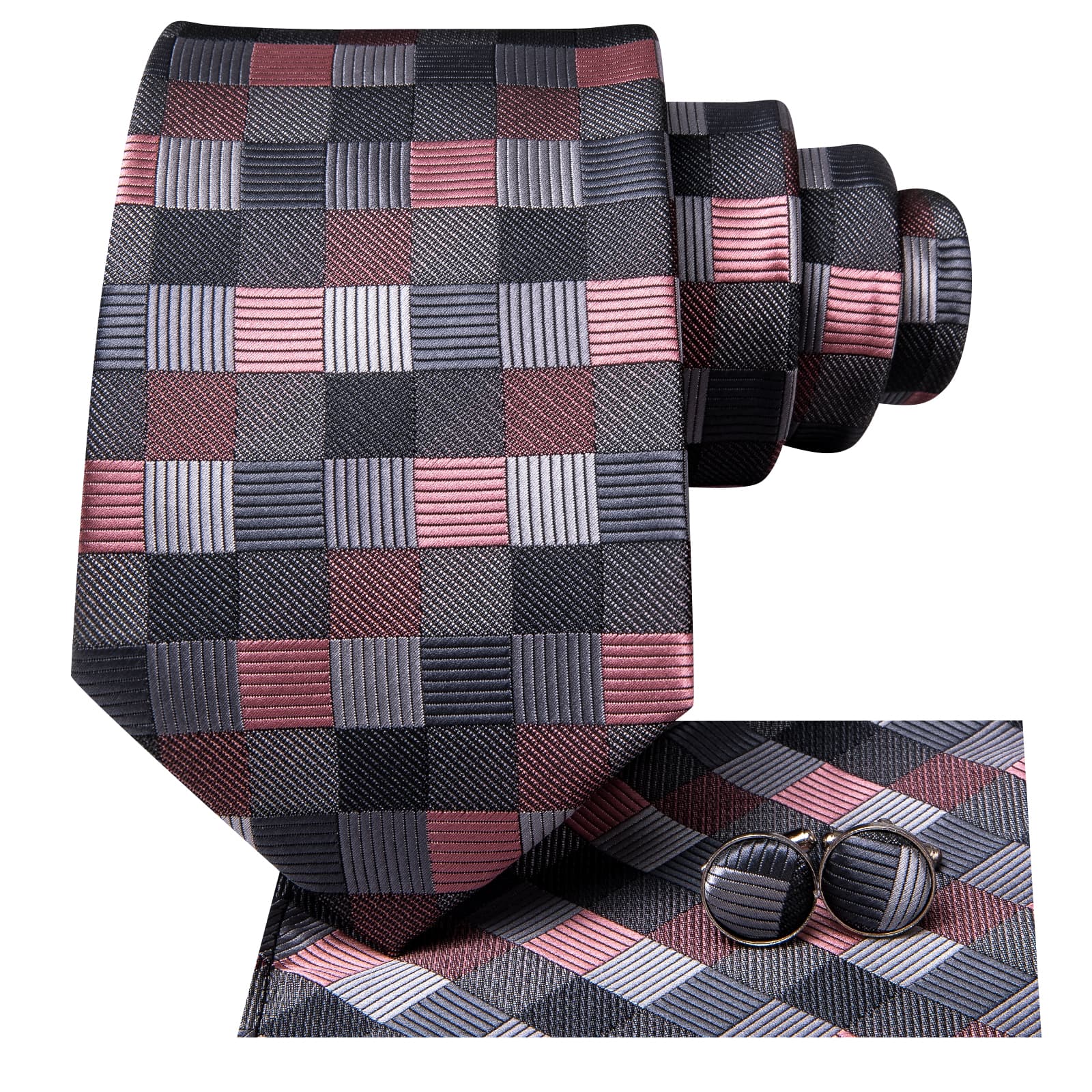 Black Grey Coral Red Plaid Jacquard Geometric Men's Necktie Set