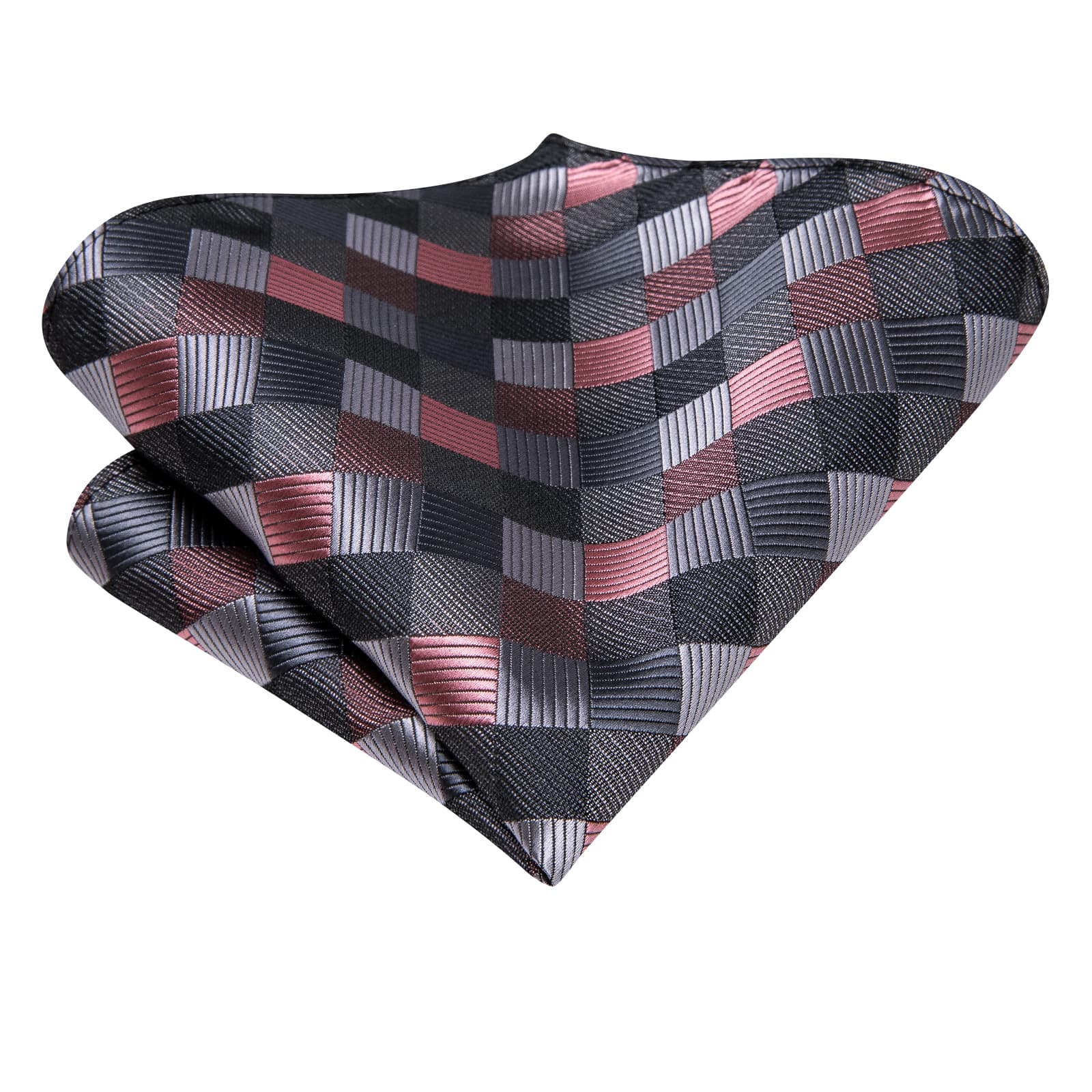 Black Grey Coral Red Plaid Jacquard Geometric Men's Necktie Set