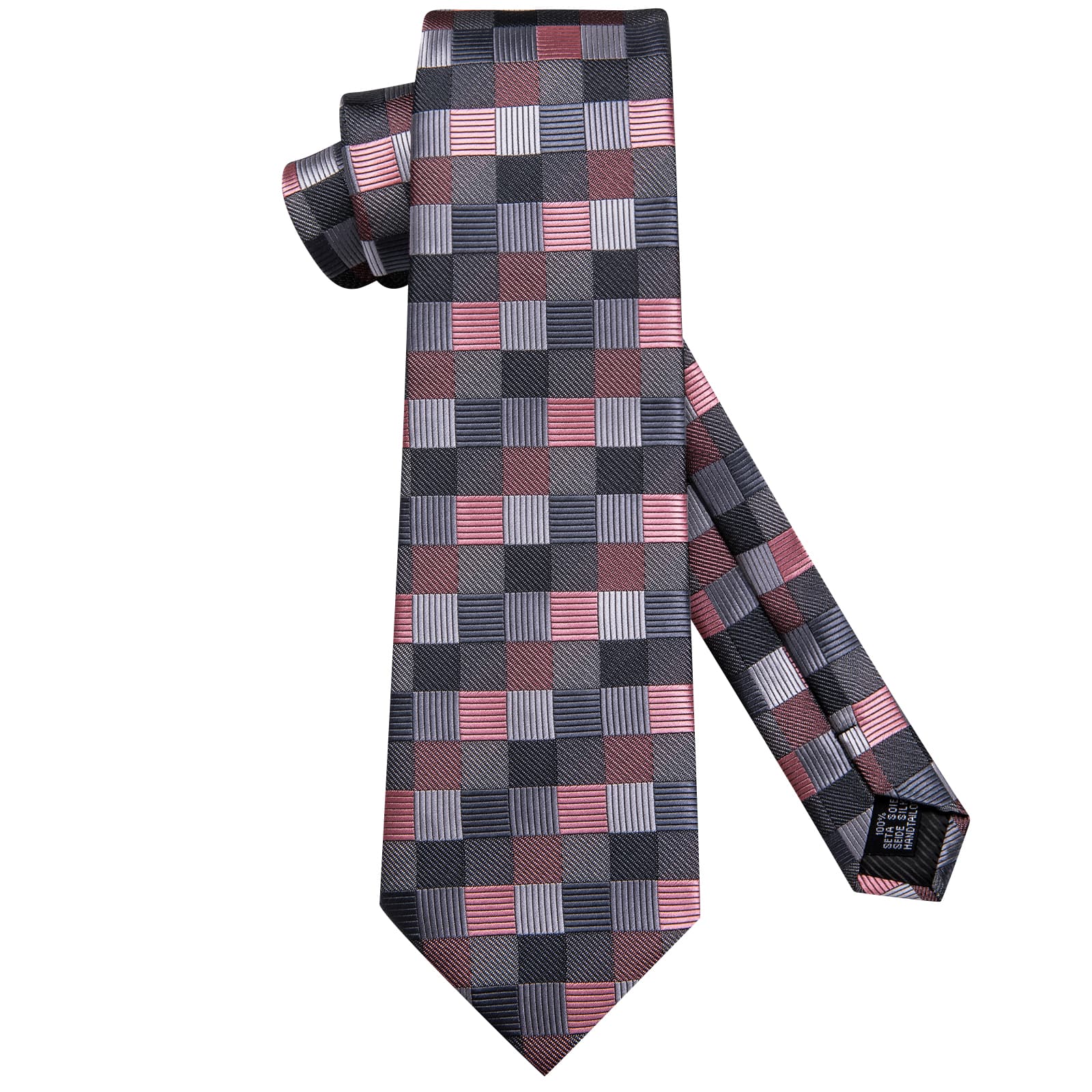 Black Grey Coral Red Plaid Jacquard Geometric Men's Necktie Set