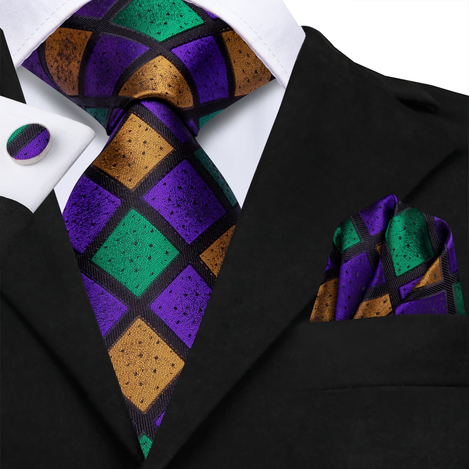 Checkered Green Purple Gold Necktie Handkerchief Cufflinks Set