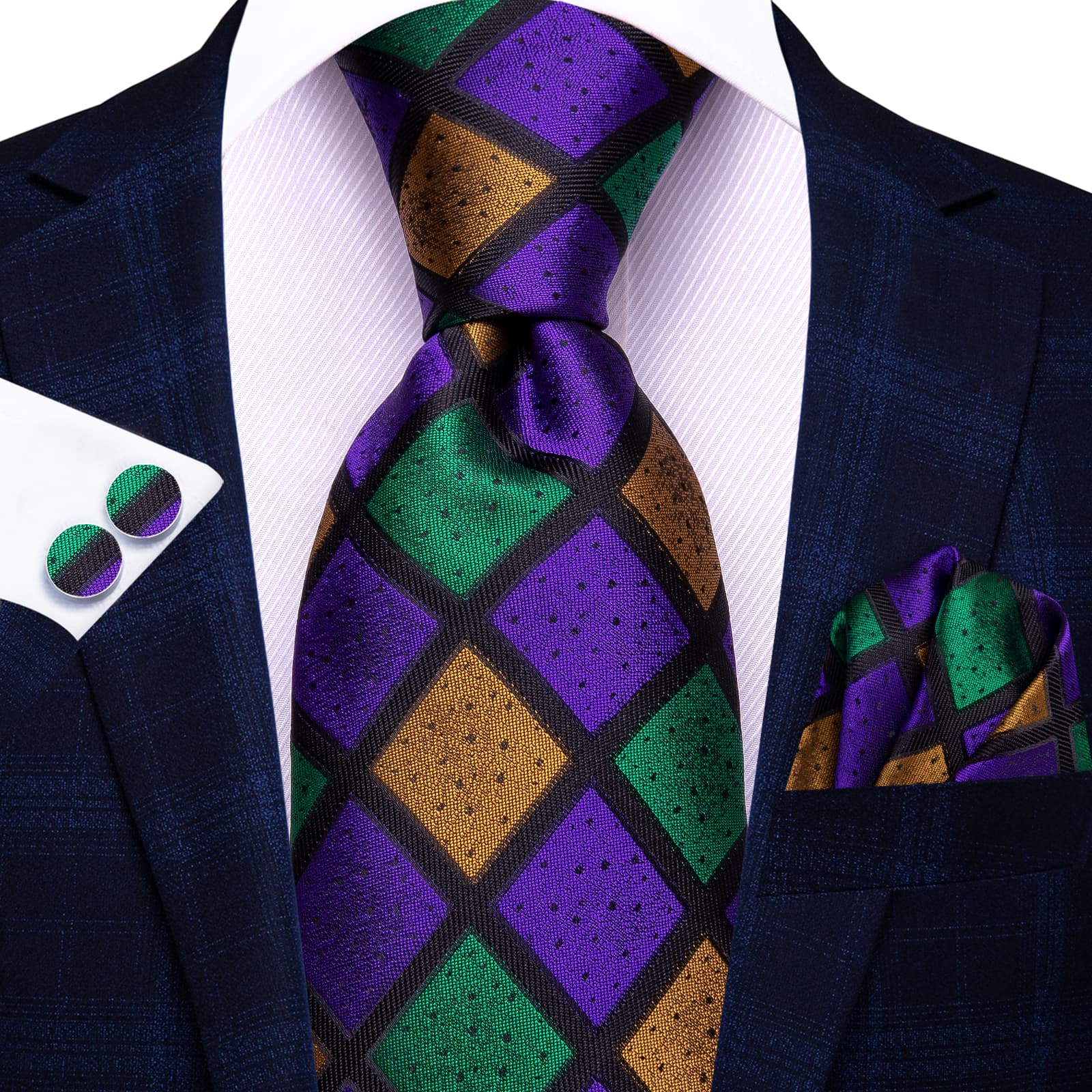 Checkered Green Purple Gold Necktie Handkerchief Cufflinks Set