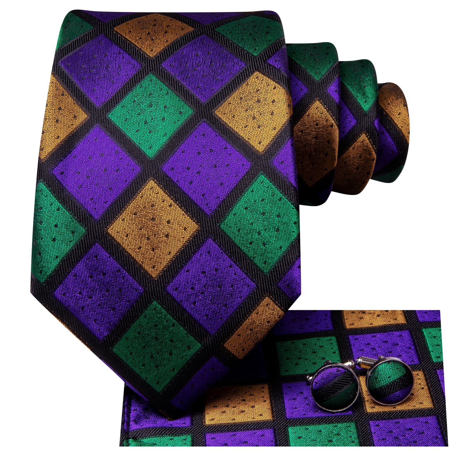 Checkered Green Purple Gold Necktie Handkerchief Cufflinks Set