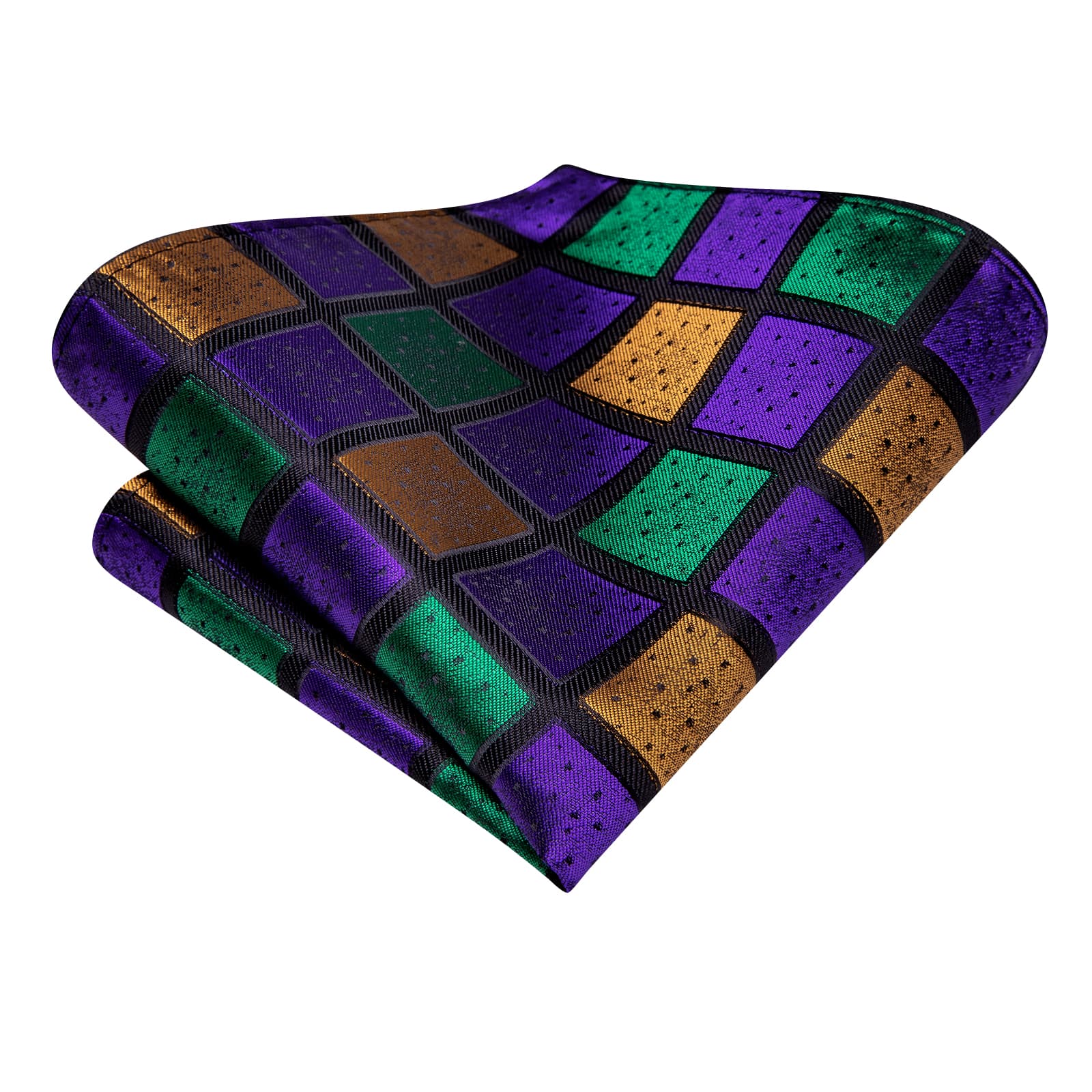 Checkered Green Purple Gold Necktie Handkerchief Cufflinks Set