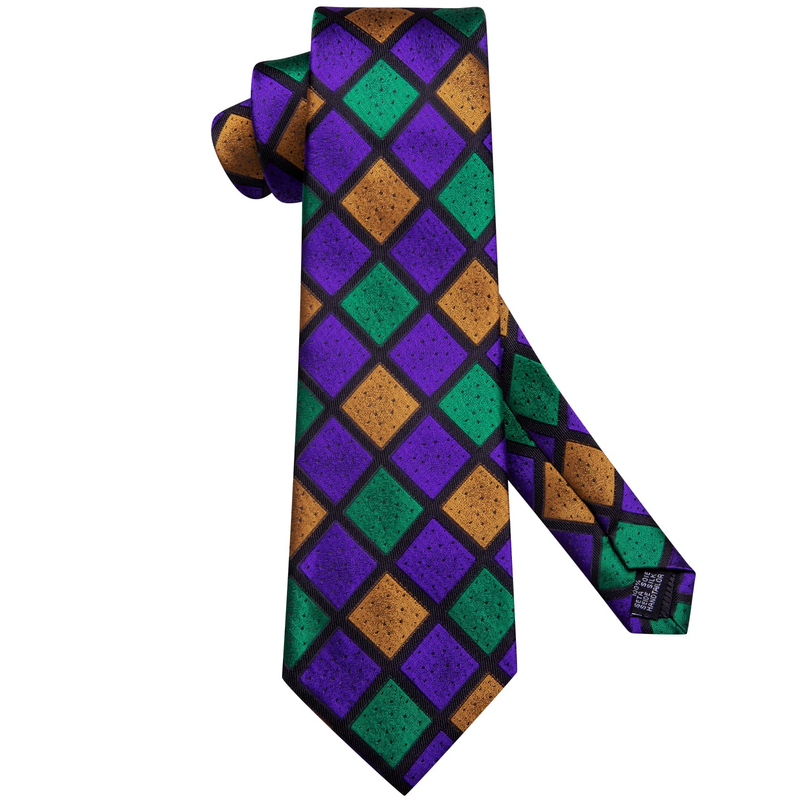 Checkered Green Purple Gold Necktie Handkerchief Cufflinks Set