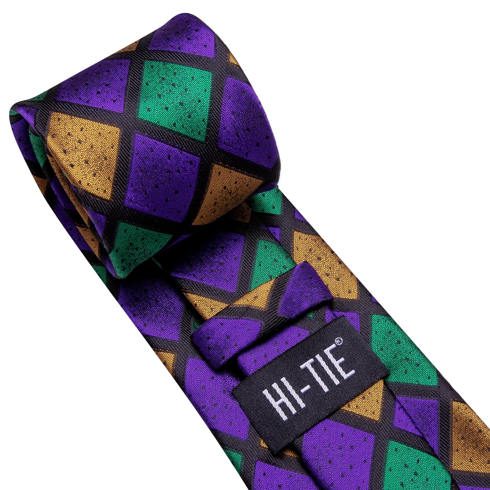 Checkered Green Purple Gold Necktie Handkerchief Cufflinks Set