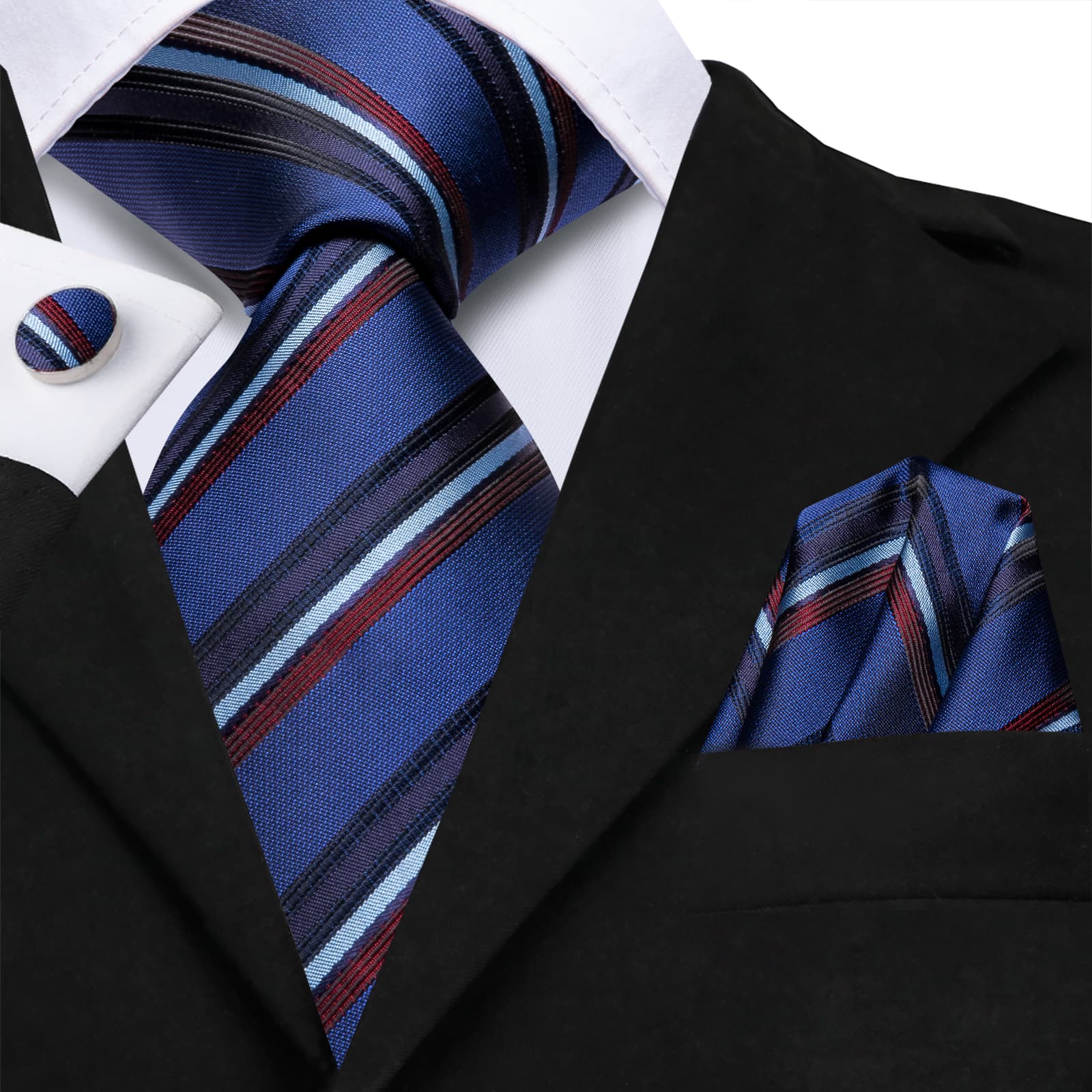 Necktie Yale Blue Jacquard Red Stripes Tie Hanky Cufflinks Set