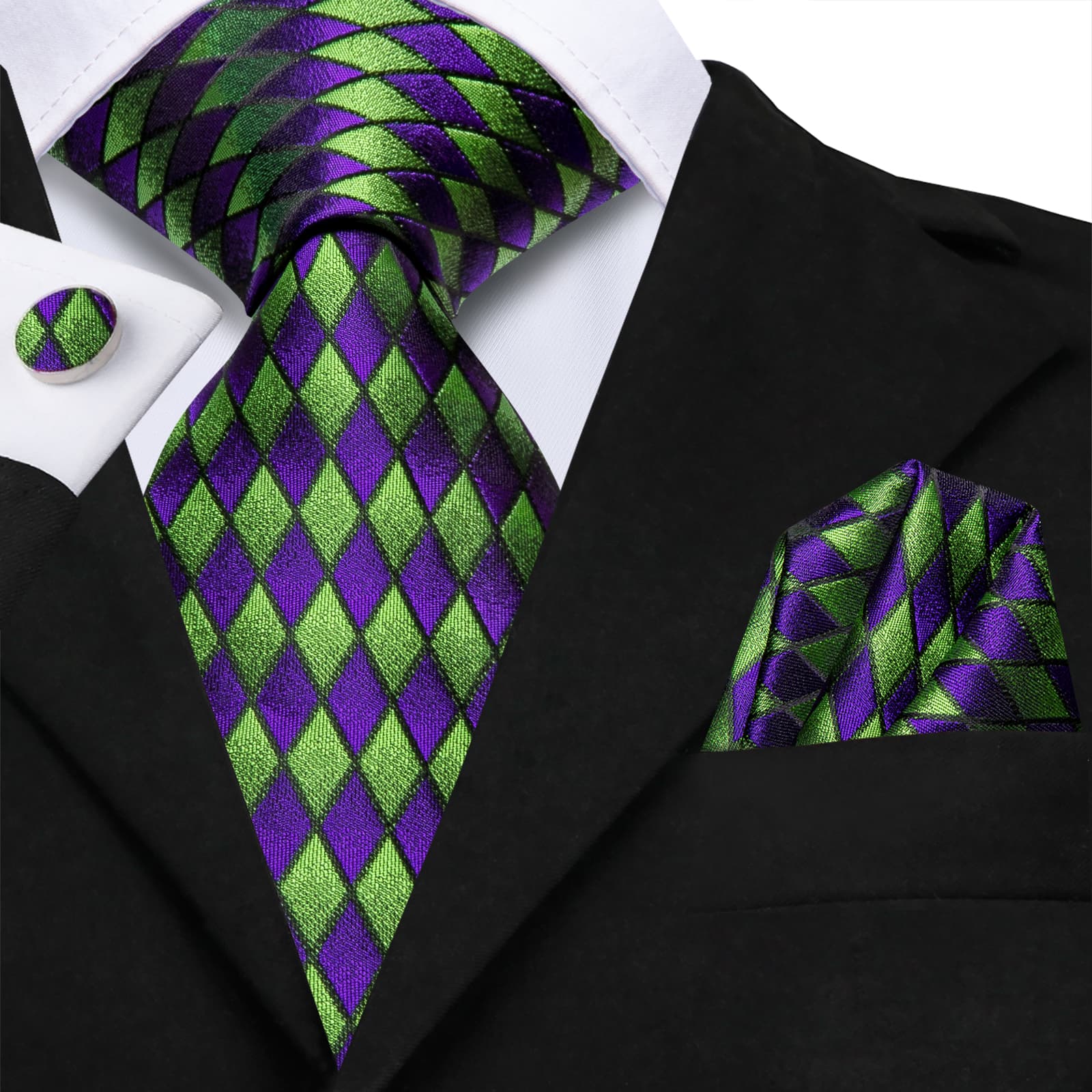 Geometric Necktie Green Purple Men's Tie Hanky Cufflinks Set