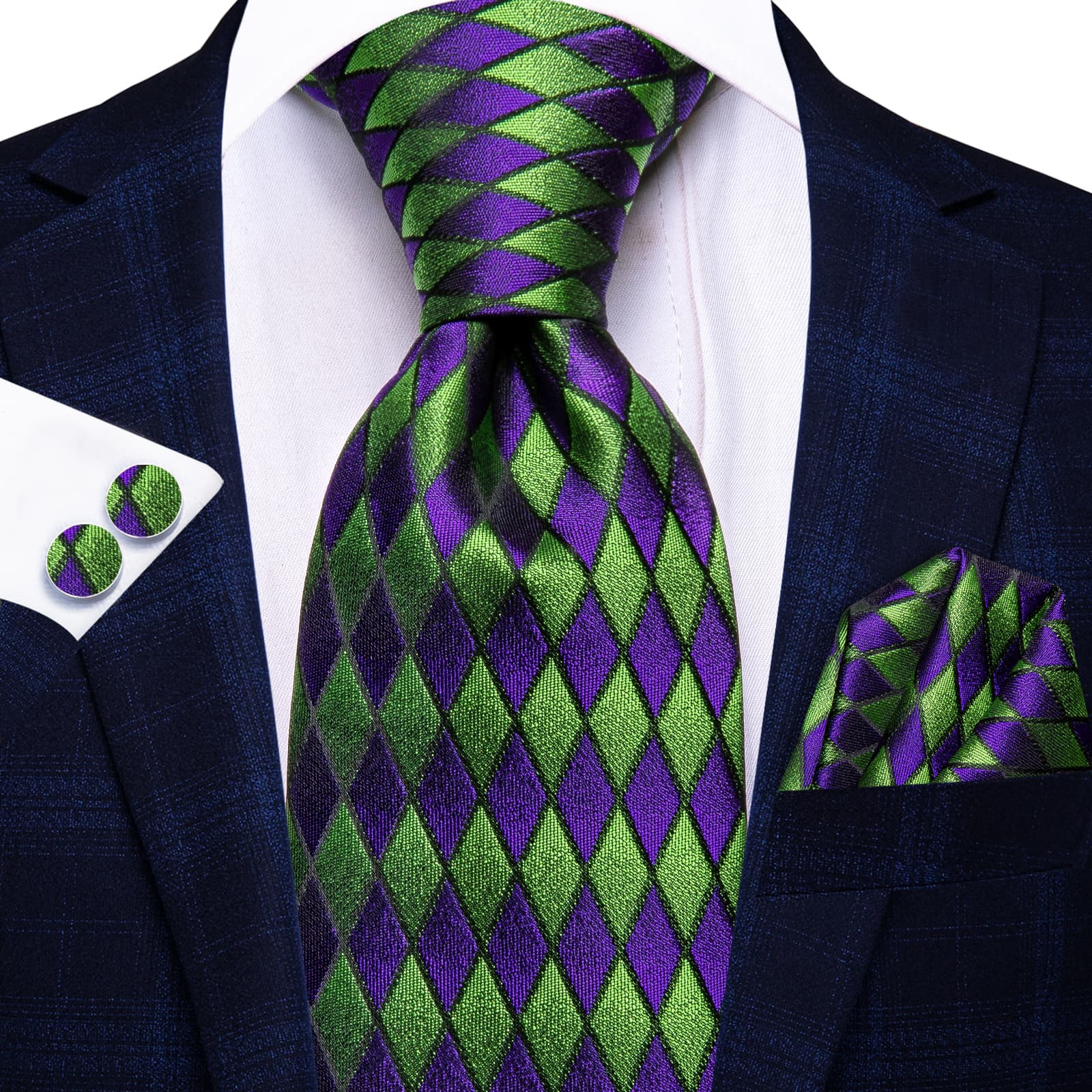 Geometric Necktie Green Purple Men's Tie Hanky Cufflinks Set