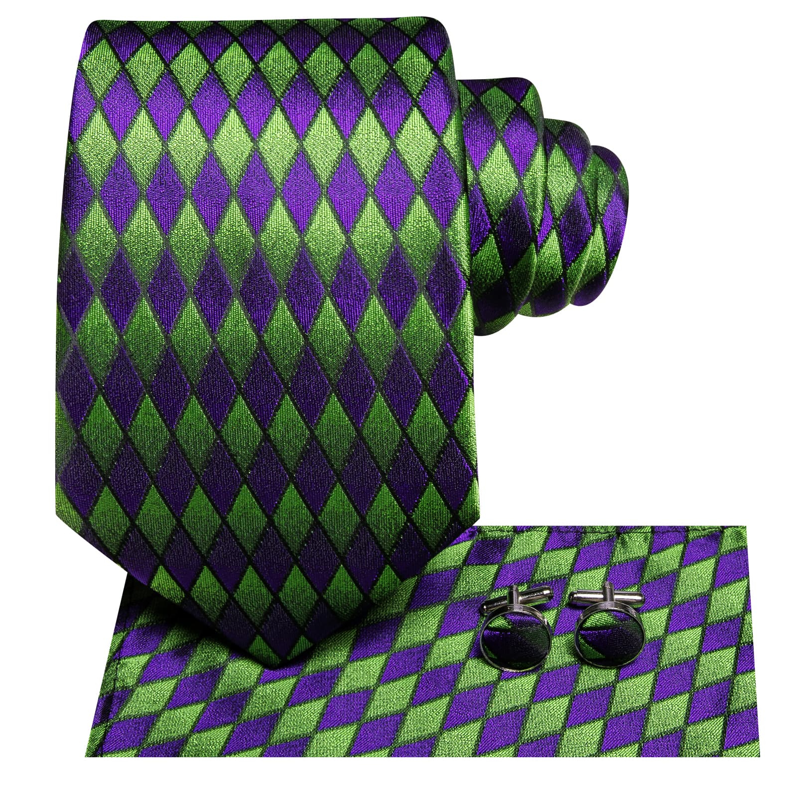 Geometric Necktie Green Purple Men's Tie Hanky Cufflinks Set