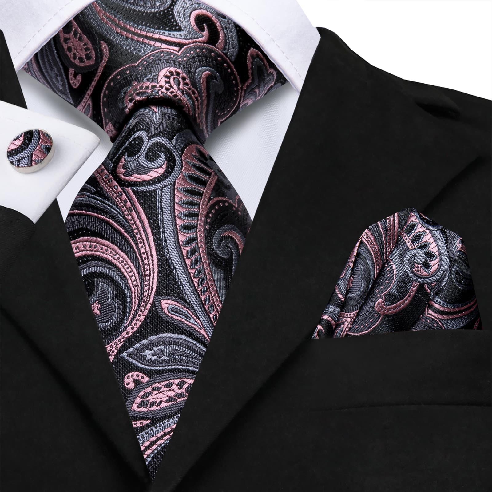  Men's Necktie Black Pink Grey Paisley Tie Hanky Cufflinks Set