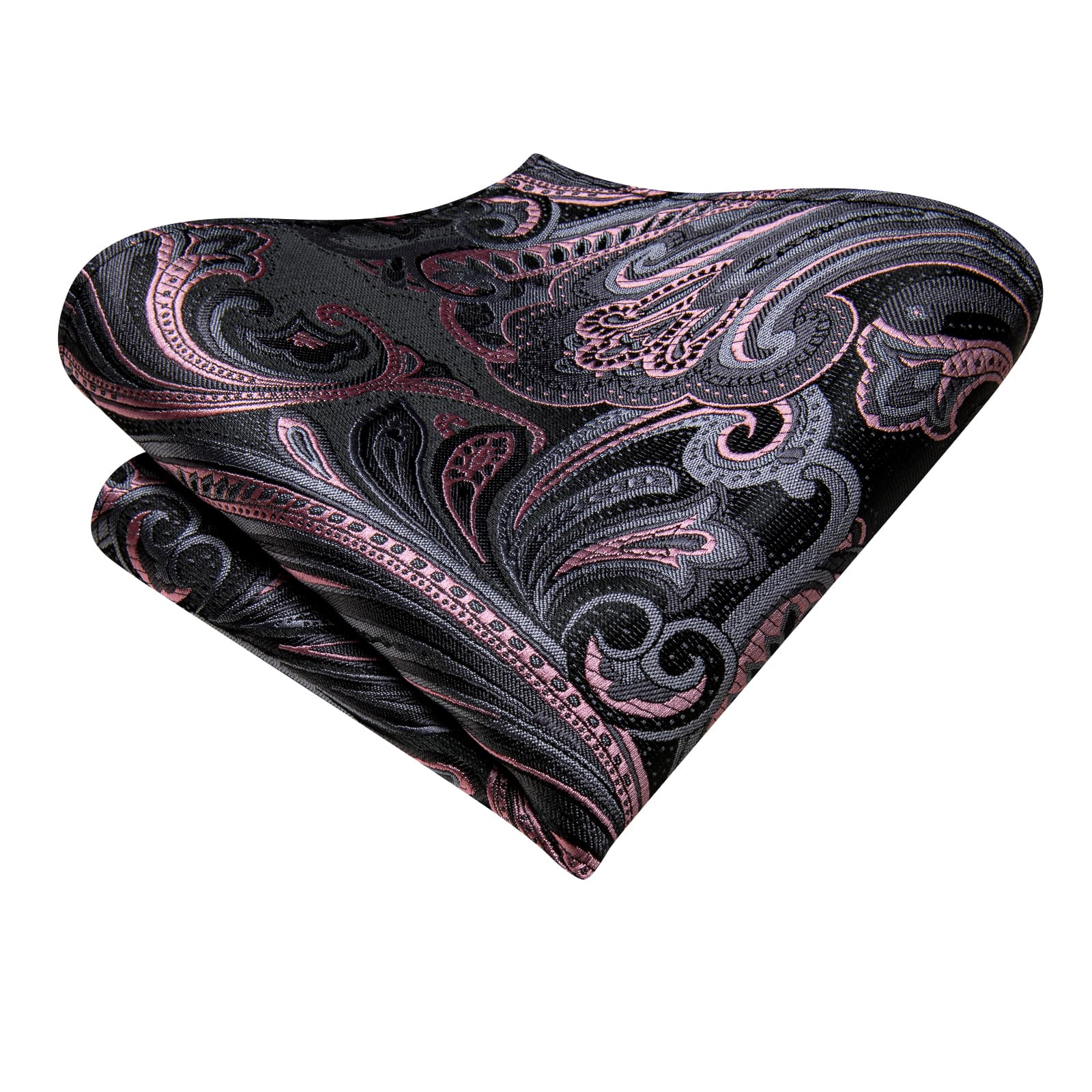  Men's Necktie Black Pink Grey Paisley Tie Hanky Cufflinks Set