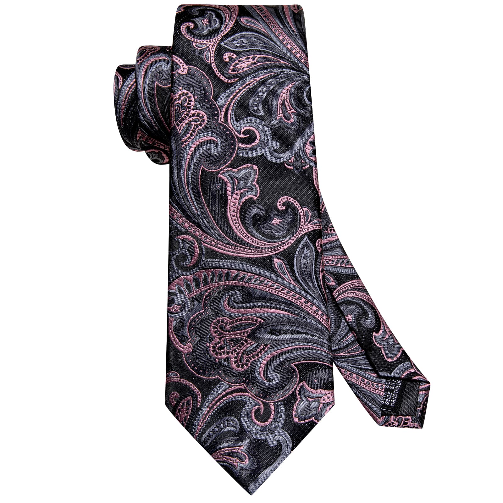  Men's Necktie Black Pink Grey Paisley Tie Hanky Cufflinks Set