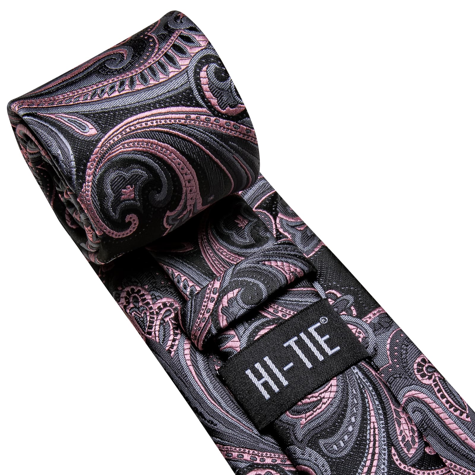  Men's Necktie Black Pink Grey Paisley Tie Hanky Cufflinks Set