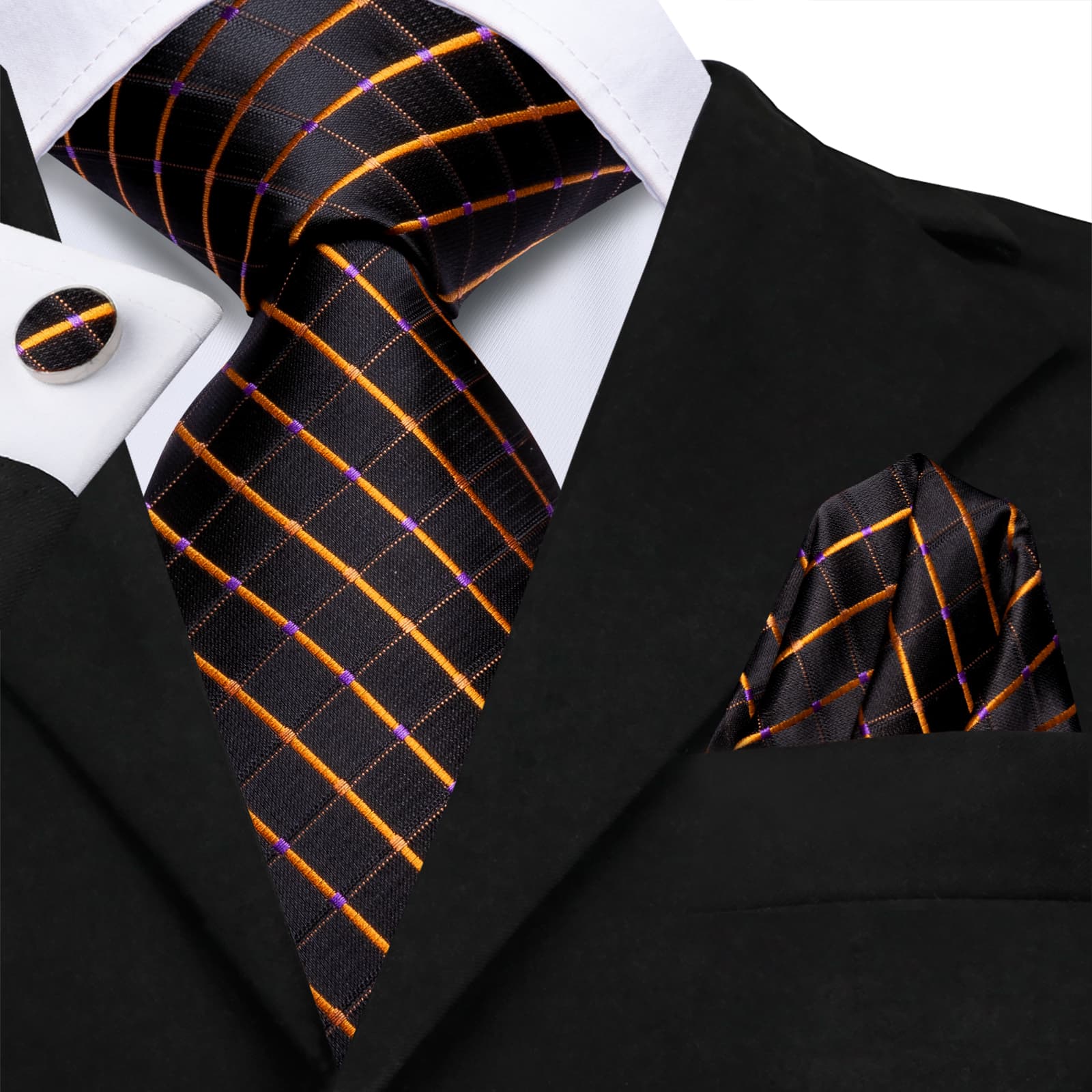 Men's Black Tie Checkered Gold Lines Tie Hanky Cufflinks Set