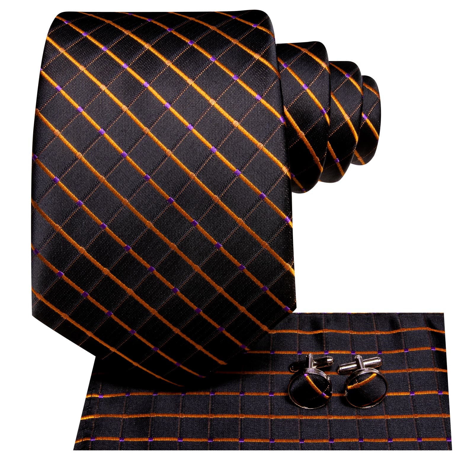 Men's Black Tie Checkered Gold Lines Tie Hanky Cufflinks Set