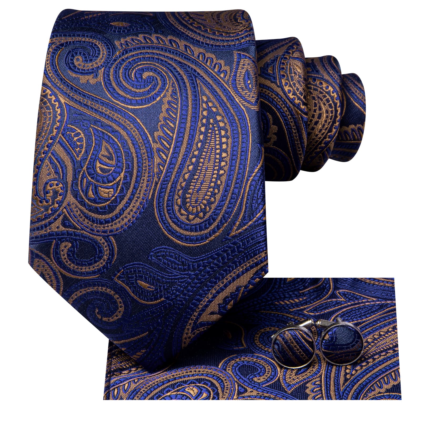  Navy Blue Necktie Brown Paisley Tie Pocket Square Cufflinks Set