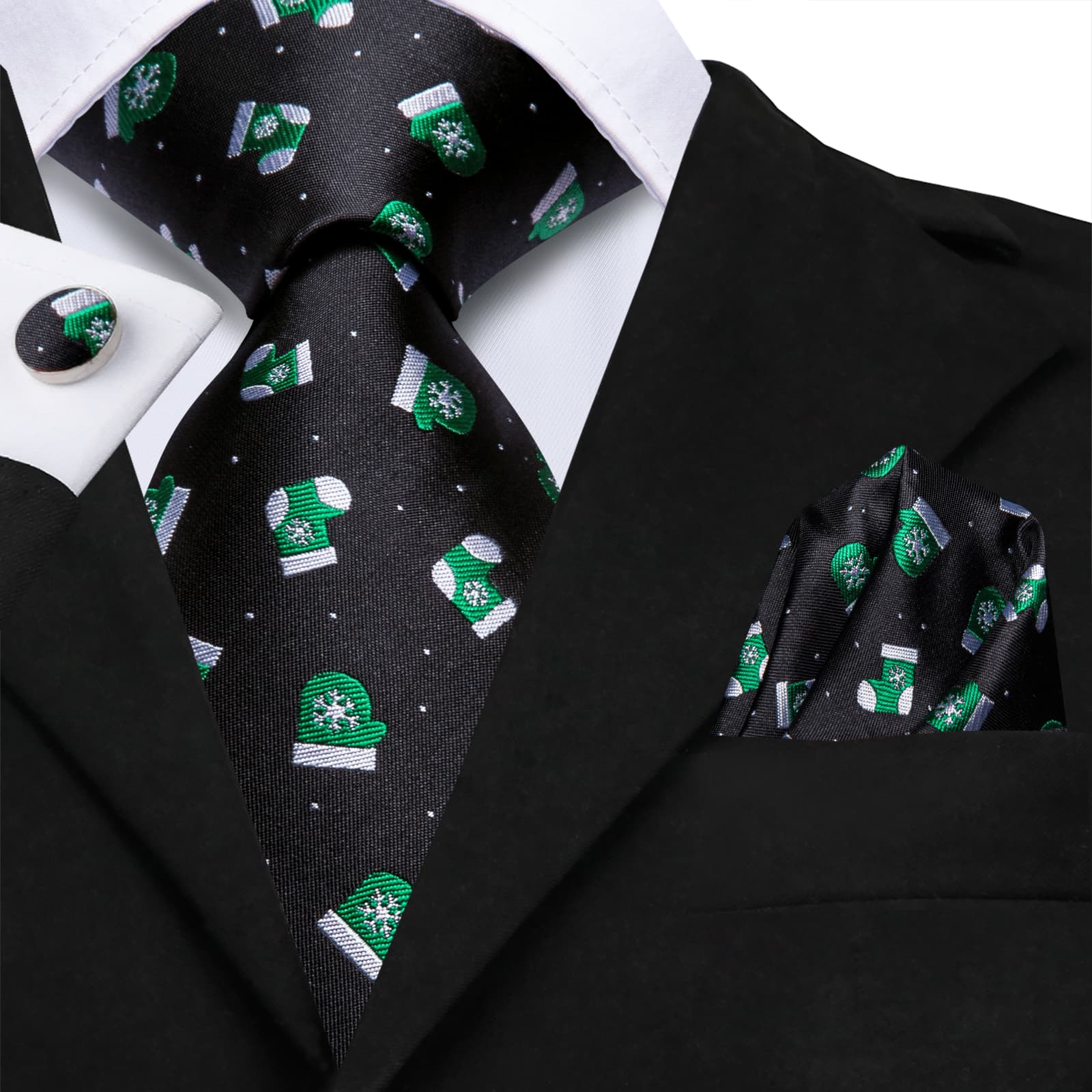 Black Necktie Novelty Socks Pattern Men Tie Hanky Cufflinks Set