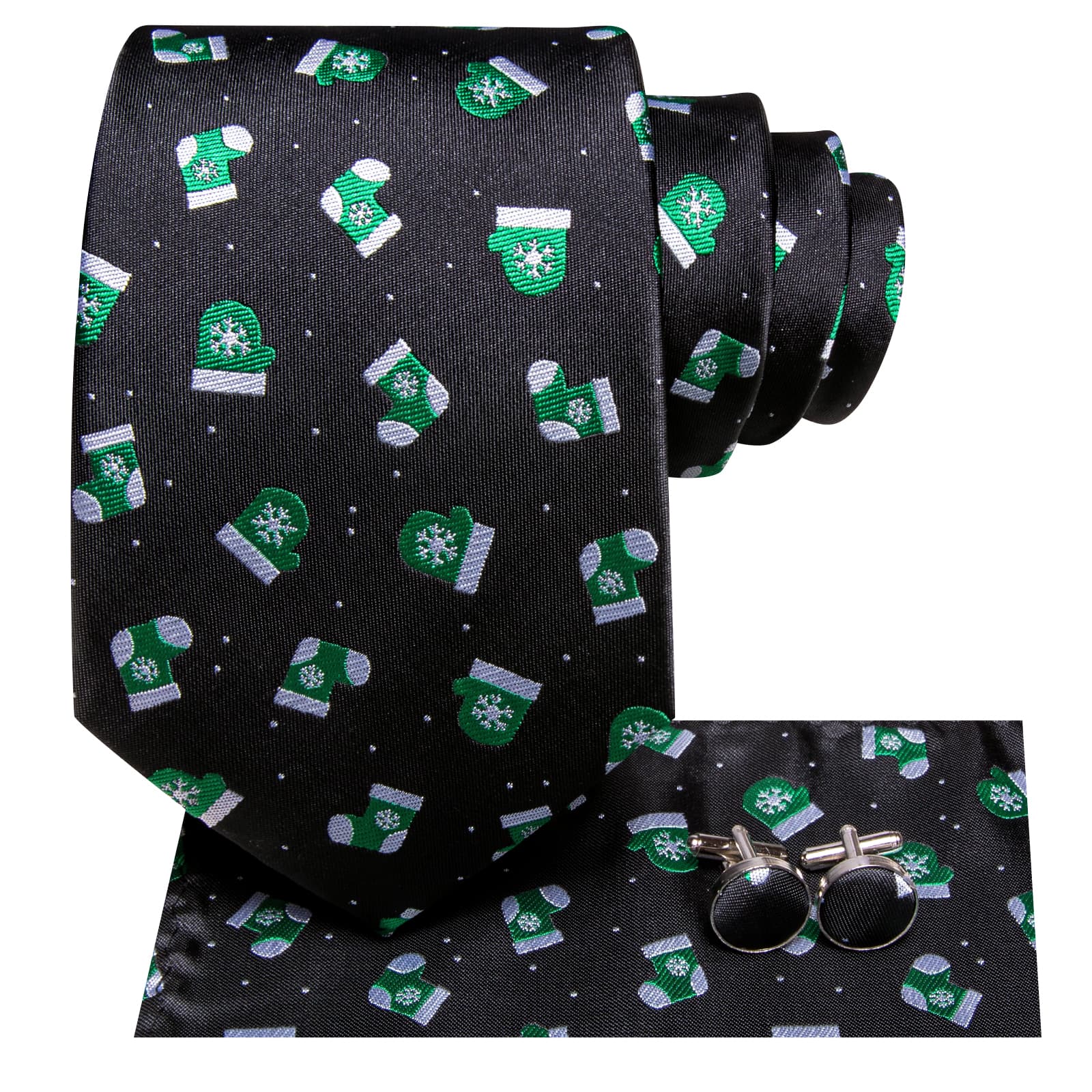 Black Necktie Novelty Socks Pattern Men Tie Hanky Cufflinks Set