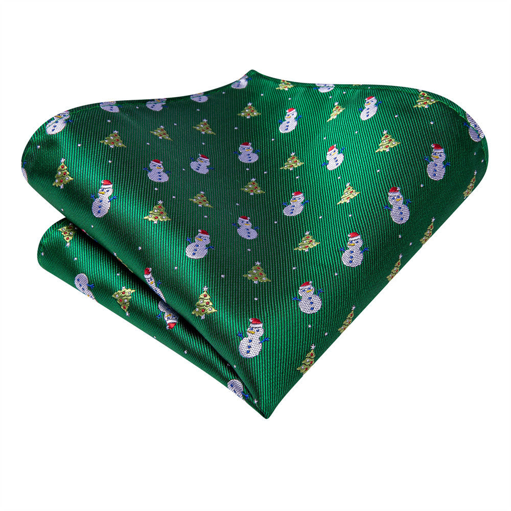 Hi-Tie Christmas Green Snowman and Pine Tie Pocket Square Cufflinks Set