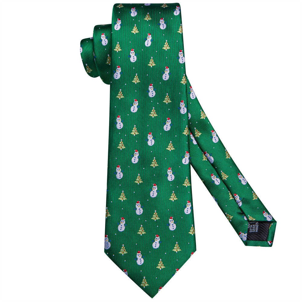 Hi-Tie Christmas Green Snowman and Pine Tie Pocket Square Cufflinks Set