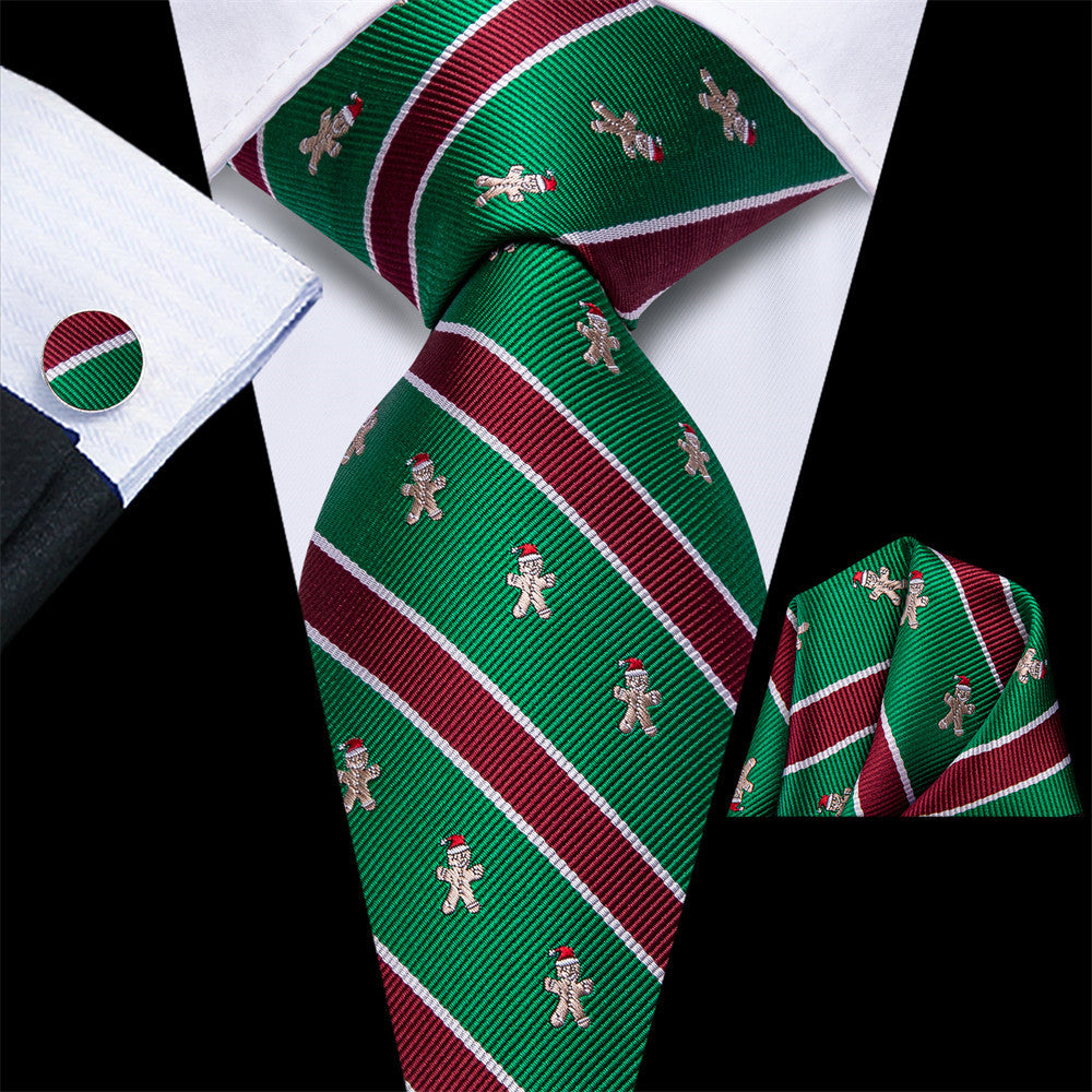 Hi-Tie Christmas Green Red Striped Gingerbread Man Necktie Set