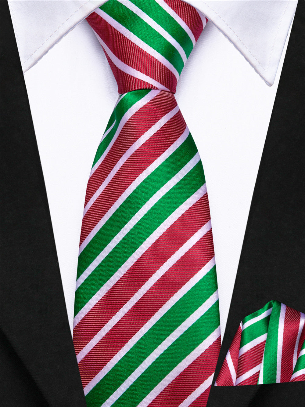 Hi-Tie Green Red Striped Christmas Kids Pre-Tied Adjustable Tie Pocket Square Set